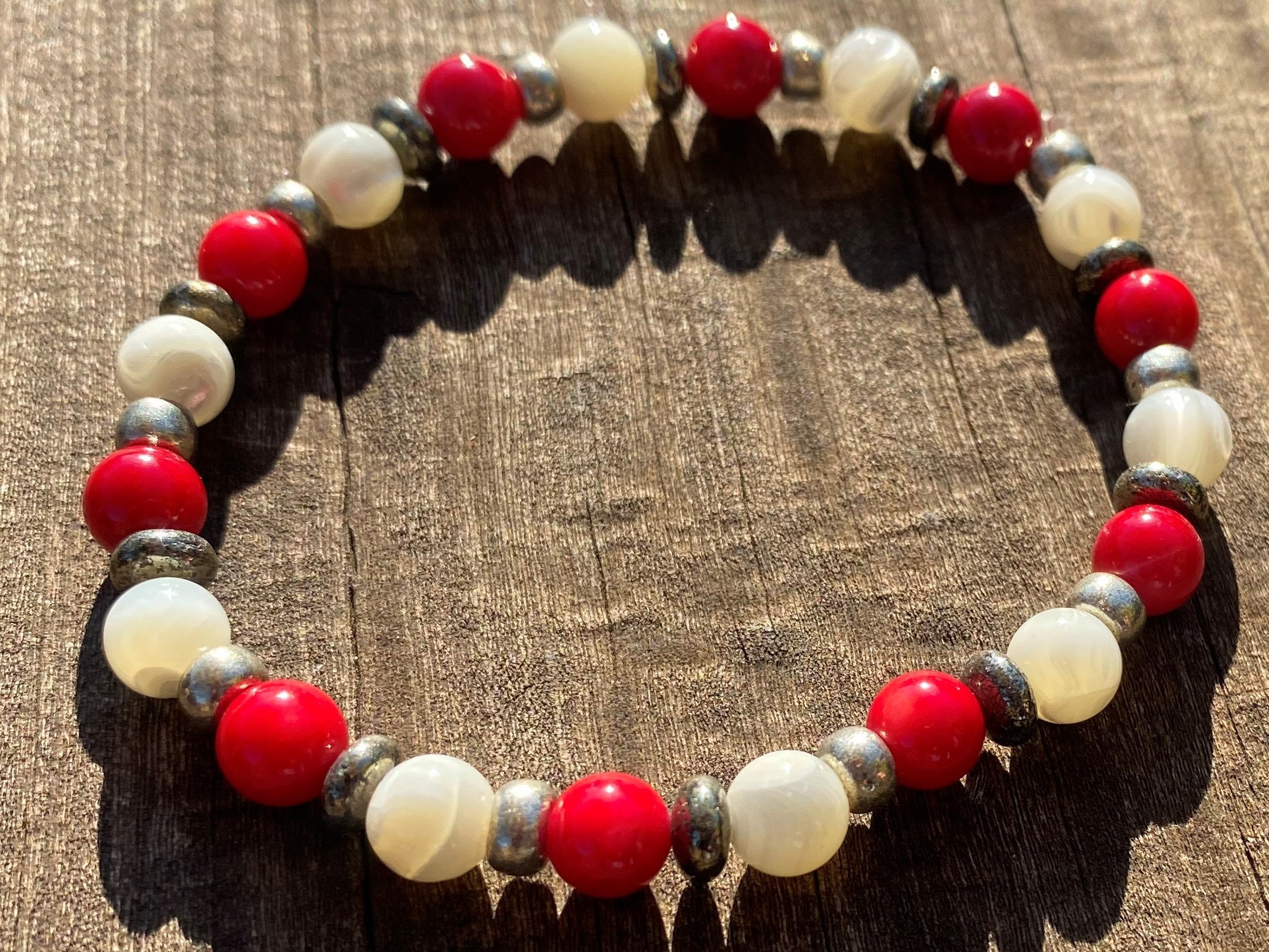 Mother Of Pearl, Red Coral And Pyrite Healing Stone Bracelet Or Anklet With Positive Energy!