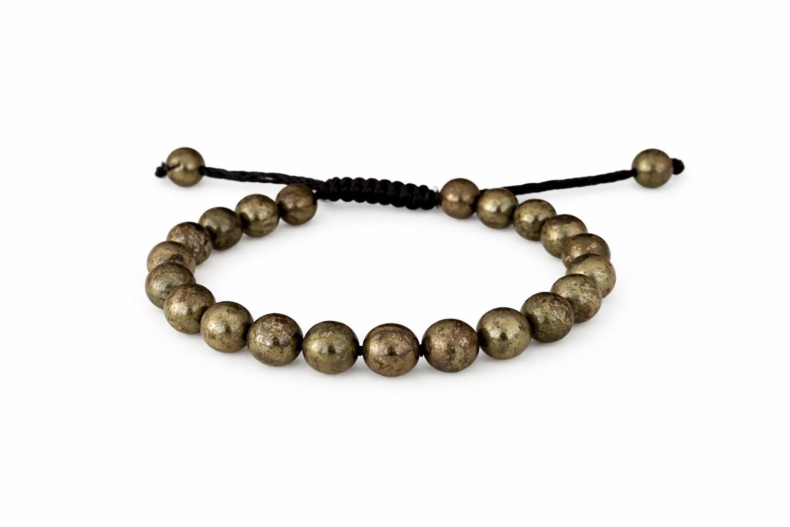 Natural Pyrite Bracelet: 8mm Round Beaded Adjustable Gemstone Jewelry