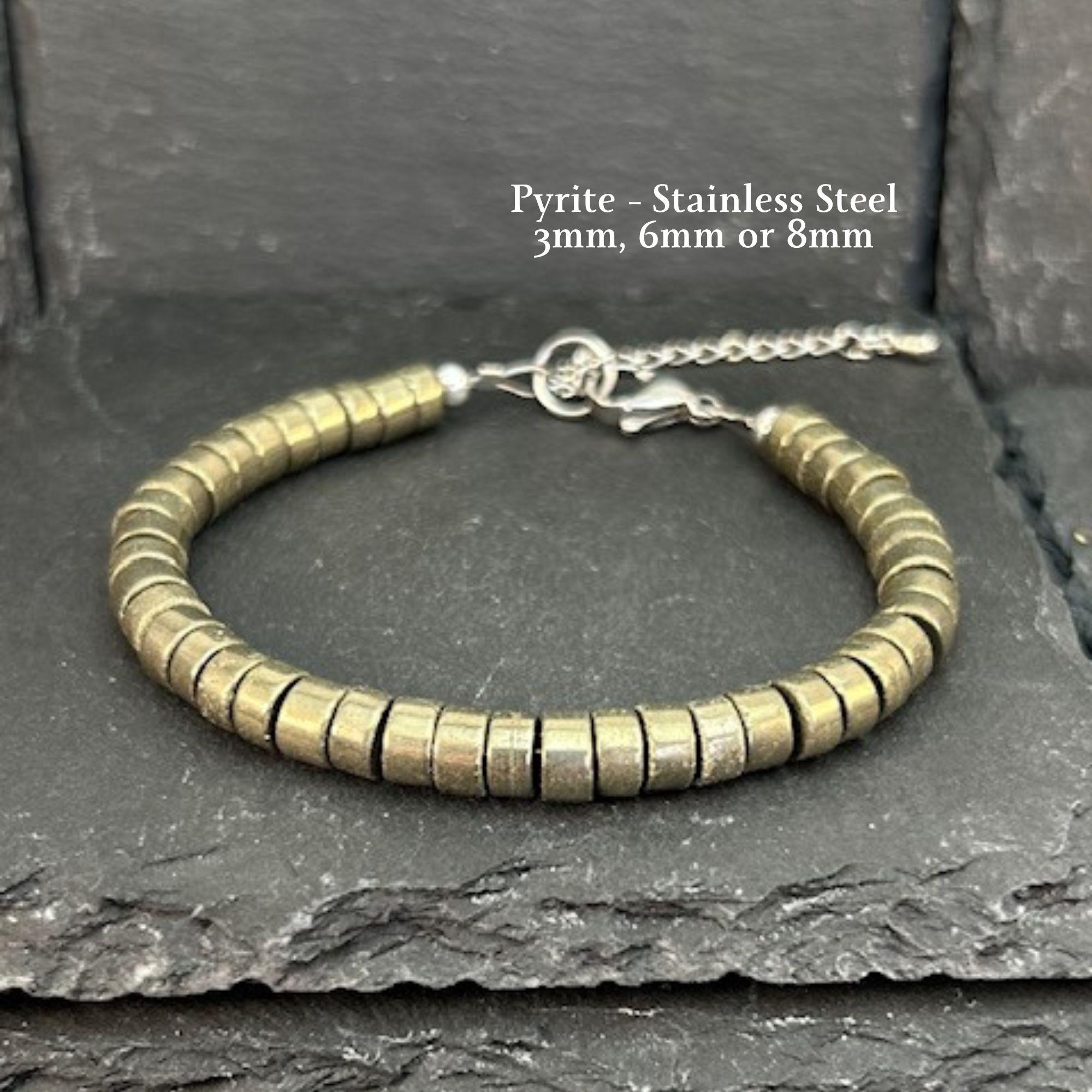 Pyrite Bracelet – Stainless Steel | 3mm 6mm 8mm Tube Beads | Protection & Abundance Jewelry