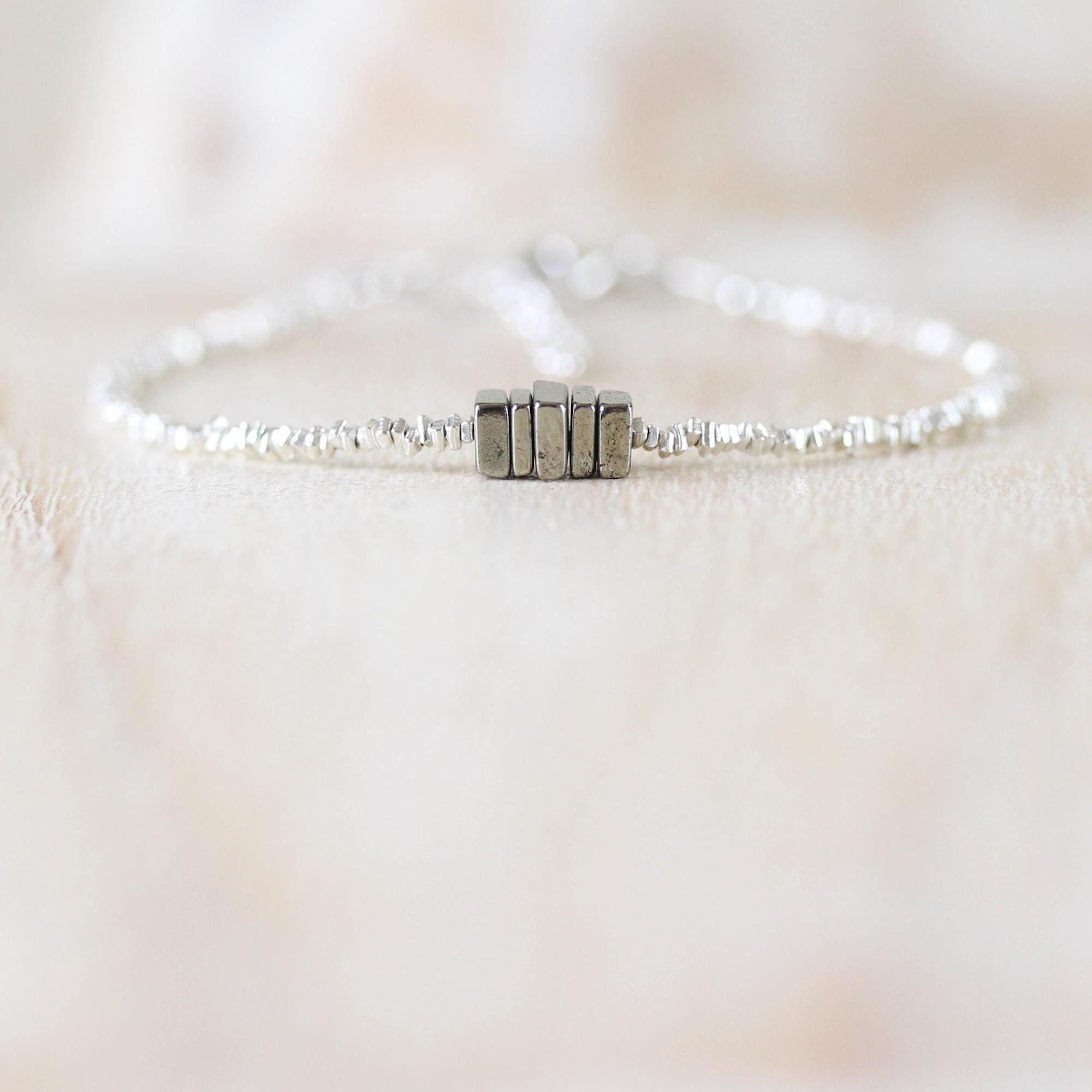 Pyrite & Sterling Silver Dainty Bracelet, Semi Precious Gemstone With Tiny Karen Hill Tribe Heishi Square Beads, Delicate Gemstone Jewellery Pyrite & Sterling Silver Dainty Bracelet, Semi Precious Gemstone With Tiny Karen Hill Tribe Heishi Square Beads, Delicate Gemstone Jewellery