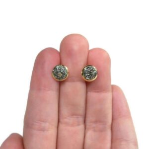 Pyrite 6mm Gold Plated Stainless Steel Stud Earrings Crushed Stone Fools Gold