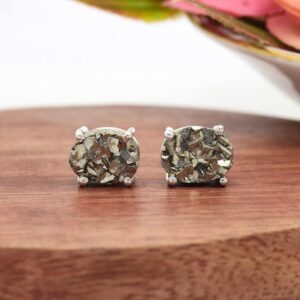 925 Sterling Silver Pyrite Stud Earrings: Oval Rough Cut 925 Sterling Silver Pyrite Stud Earrings: Oval Rough Cut
