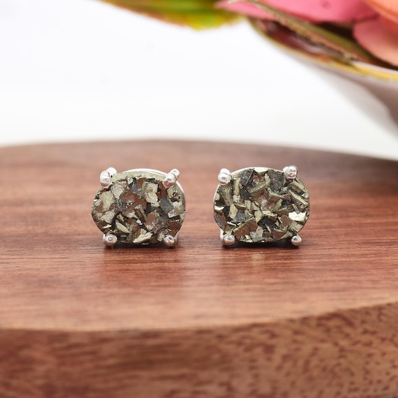 925 Sterling Silver Pyrite Stud Earrings: Oval Rough Cut