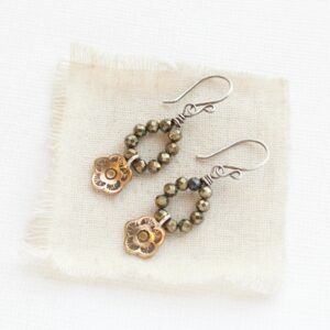 Bronze Mini Cactus Flower Pyrite Hoop Earrings, Flower Earrings, Autumn Style Bronze Mini Cactus Flower Pyrite Hoop Earrings, Flower Earrings, Autumn Style