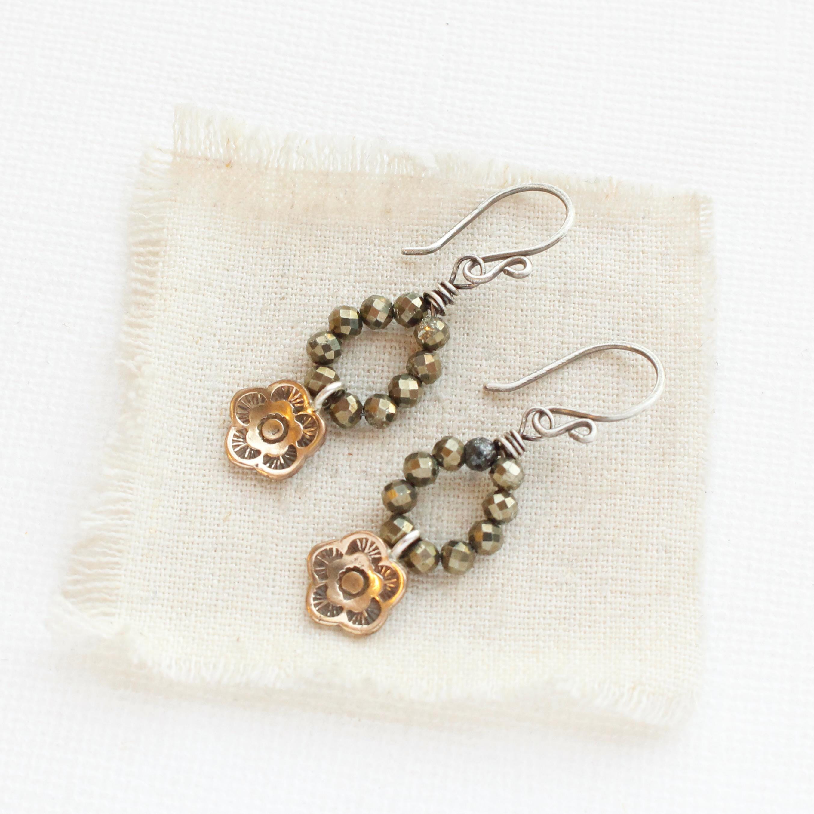 Bronze Mini Cactus Flower Pyrite Hoop Earrings, Flower Earrings, Autumn Style