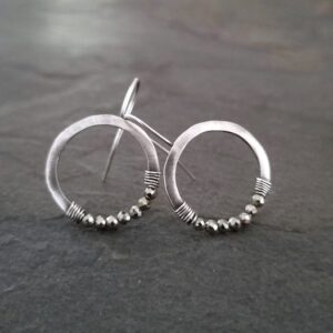 Pyrite circle earrings, silver or gold beaded crescent with faceted beads, wire wrapped small round drop Pyrite circle earrings, silver or gold beaded crescent with faceted beads, wire wrapped small round drop