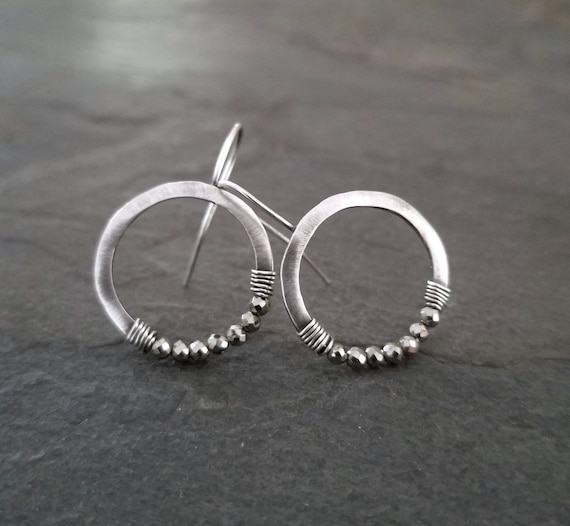 Pyrite Circle Earrings, Silver Or Gold Beaded Crescent With Faceted Beads, Wire Wrapped Small Round Drop Pyrite Circle Earrings, Silver Or Gold Beaded Crescent With Faceted Beads, Wire Wrapped Small Round Drop