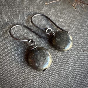 Pyrite Earrings, Cracky Dark Gray Metallic Stone Coin Bead Earrings On Oxidized Sterling Silver