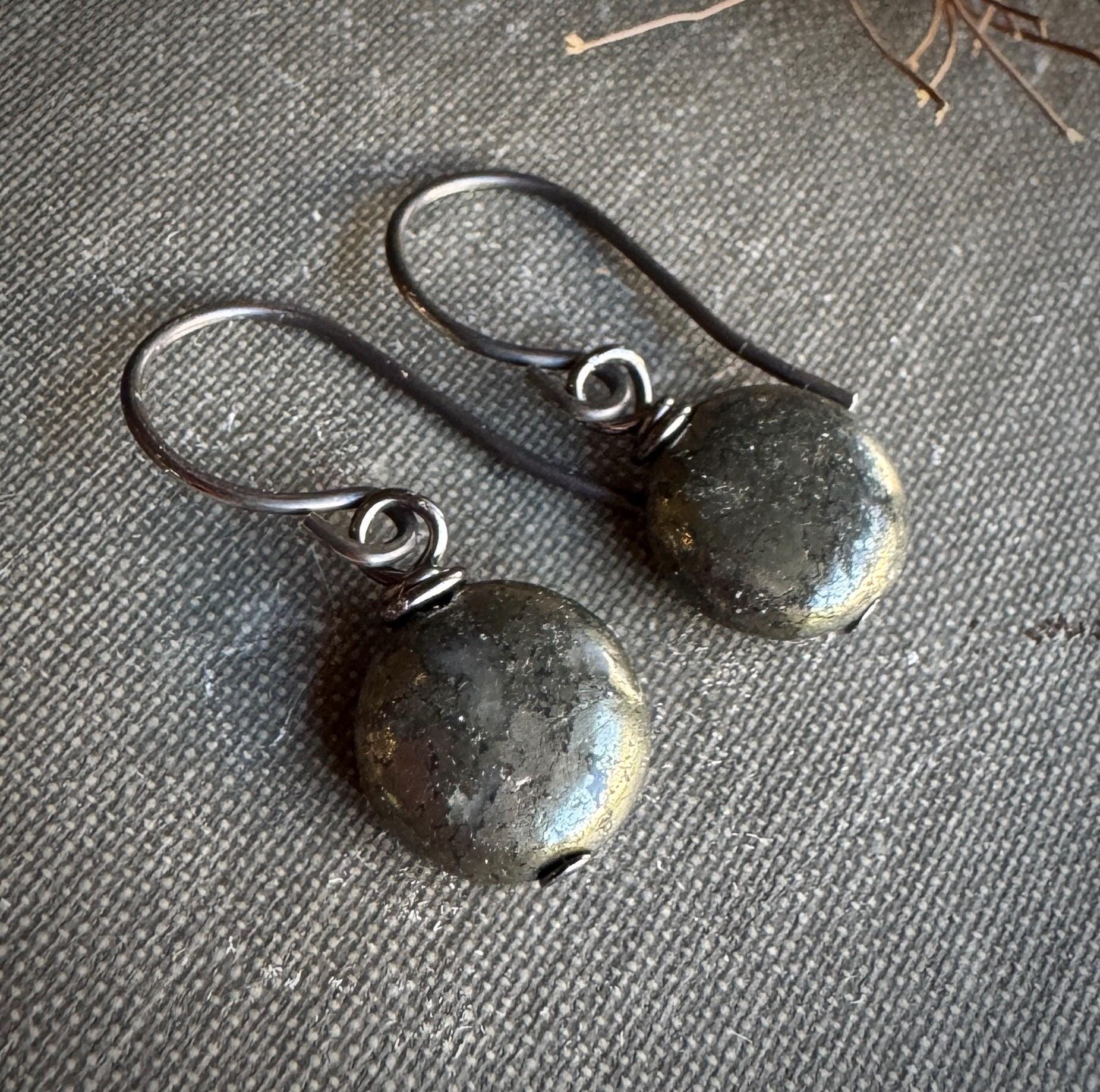 Pyrite Earrings, Cracky Dark Gray Metallic Stone Coin Bead Earrings On Oxidized Sterling Silver
