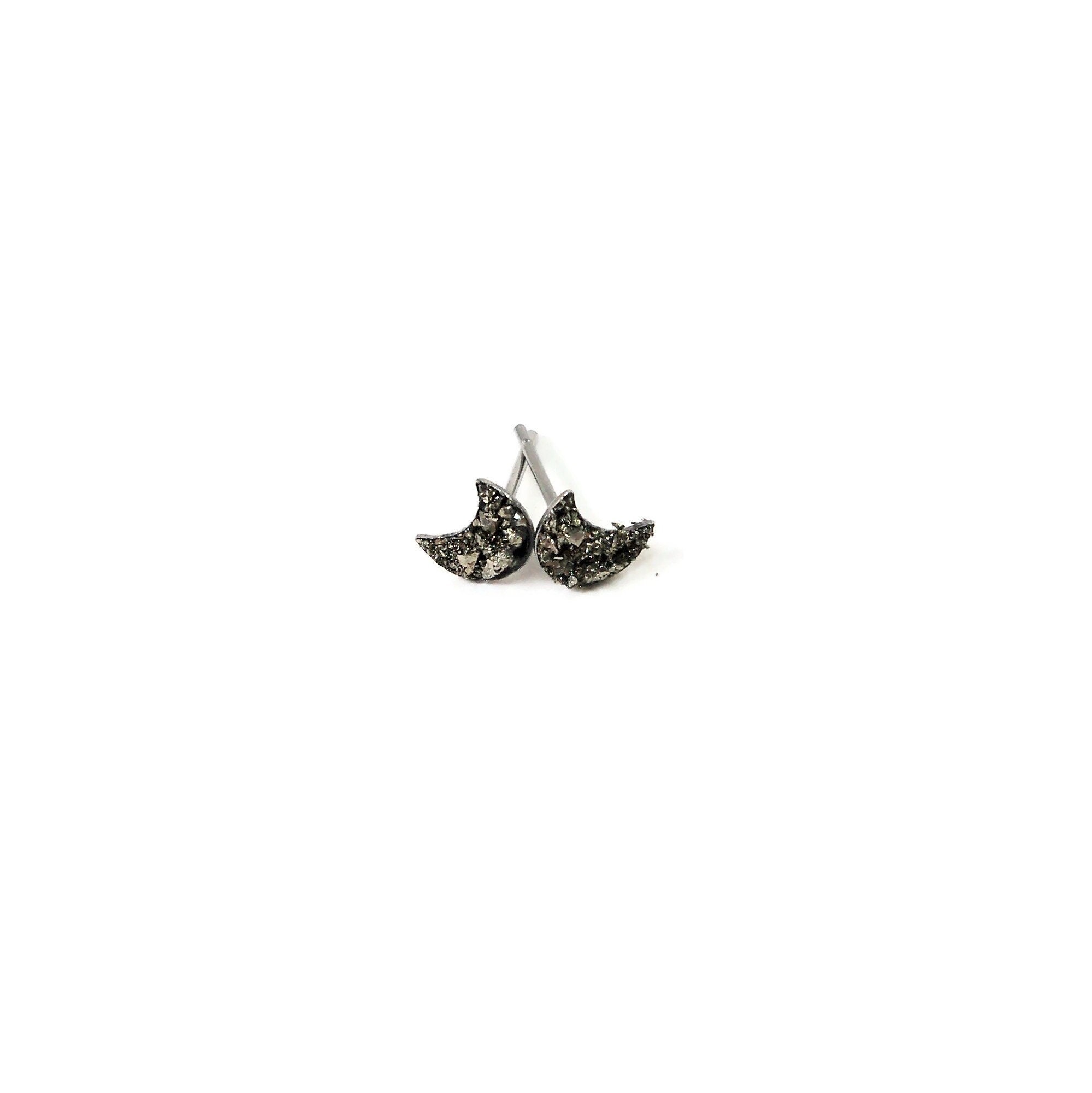 Crescent Moon Crushed Pyrite Stone Hypoallergenic Stainless Steel Stud Earrings Fool's Gold Crescent Moon Crushed Pyrite Stone Hypoallergenic Stainless Steel Stud Earrings Fool's Gold
