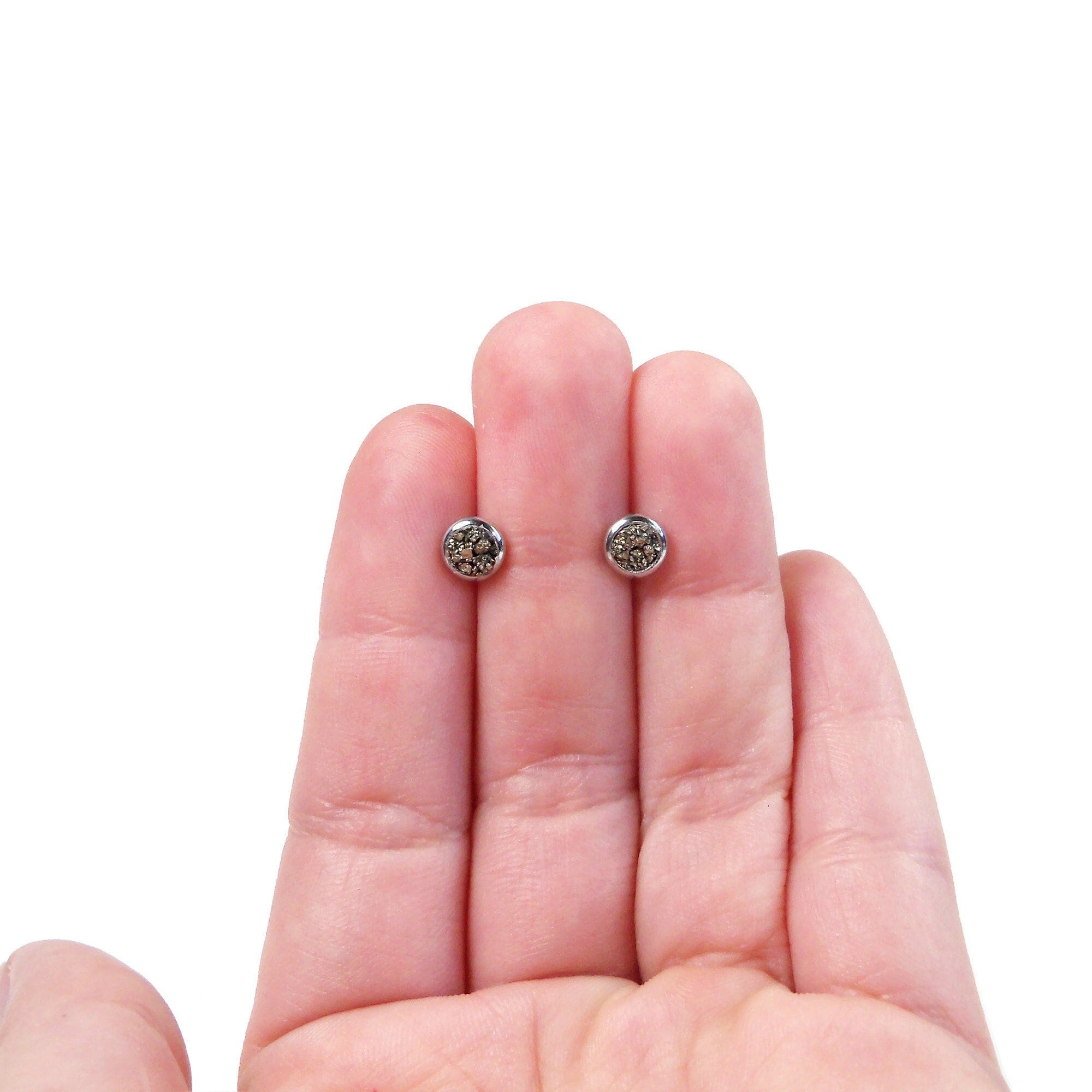 Crushed Pyrite Stone Hypoallergenic Stainless Steel Stud Earrings 3 Sizes!