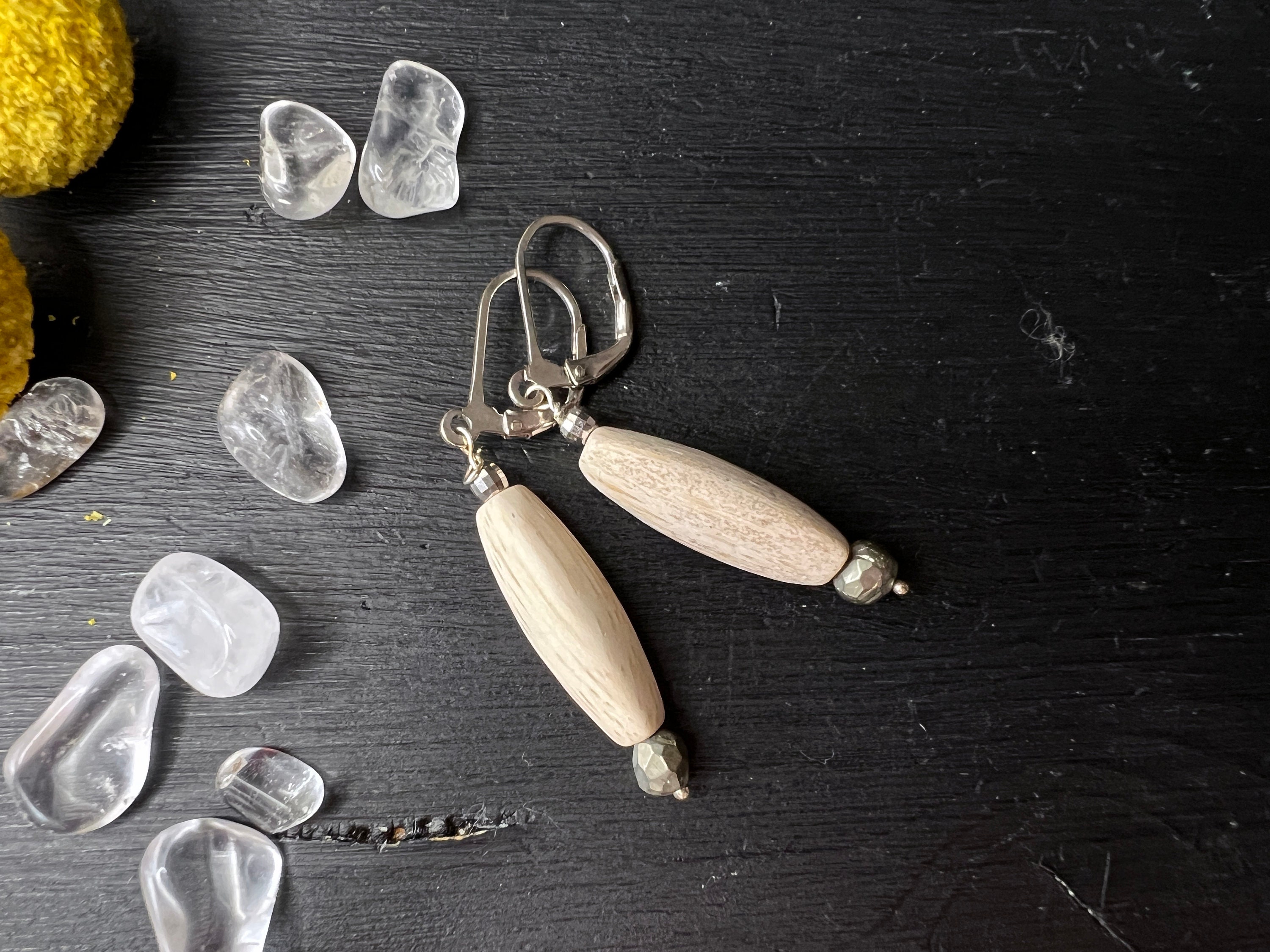 Fossil Wood Long Earrings With Pyrite - 1.8 Inch