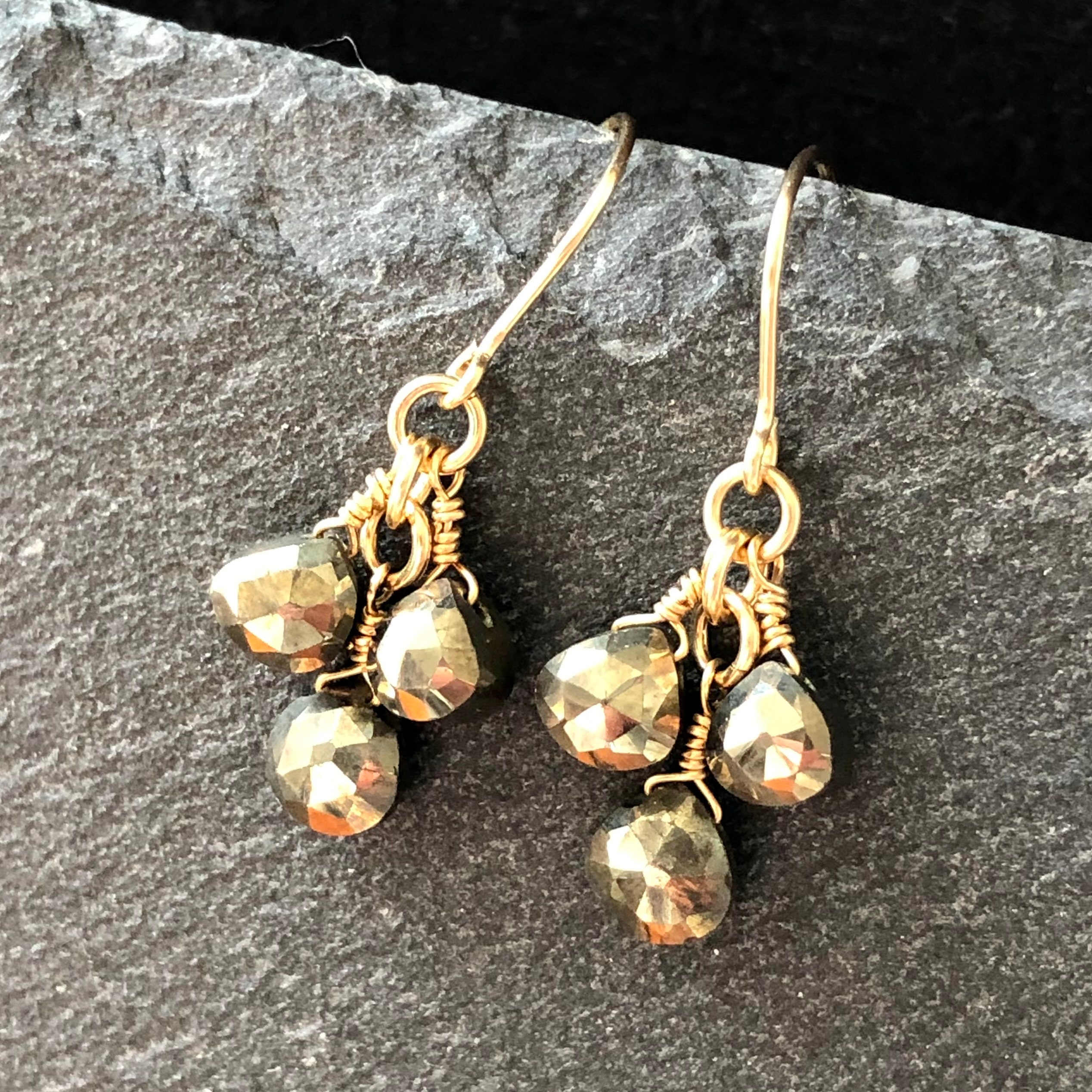 Pyrite Gold Filled Earrings Wire Wrapped Natural Golden Metallic Gemstones Boho Chic Dangle Cluster Drops Birthday Gift Mom Wife 5832