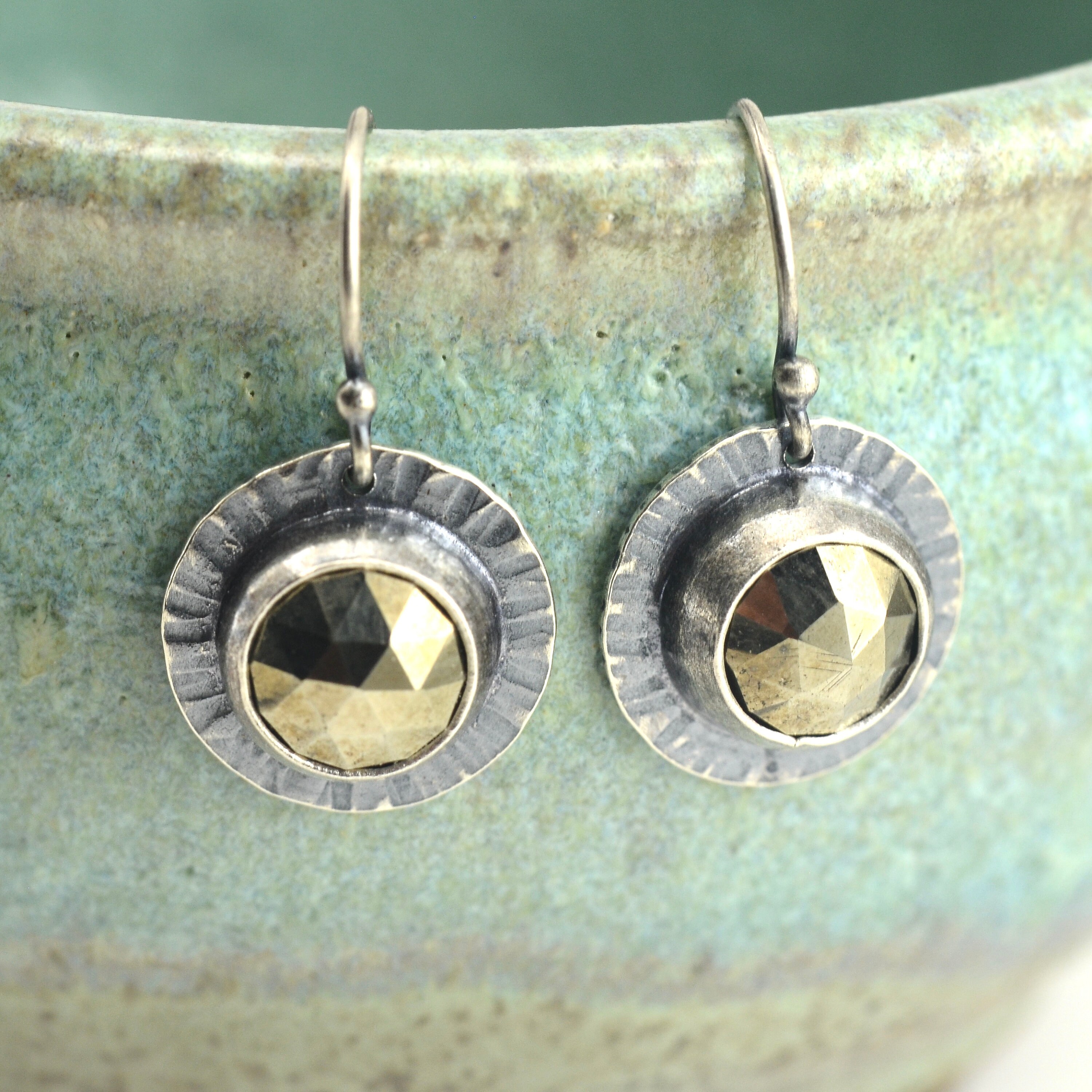 Golden Pyrite Rose Cut Hammered Circle Sterling Silver Earrings Golden Pyrite Rose Cut Hammered Circle Sterling Silver Earrings