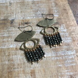 Hammered Brass Eye Earrings With Pyrite Fringe Hammered Brass Eye Earrings With Pyrite Fringe