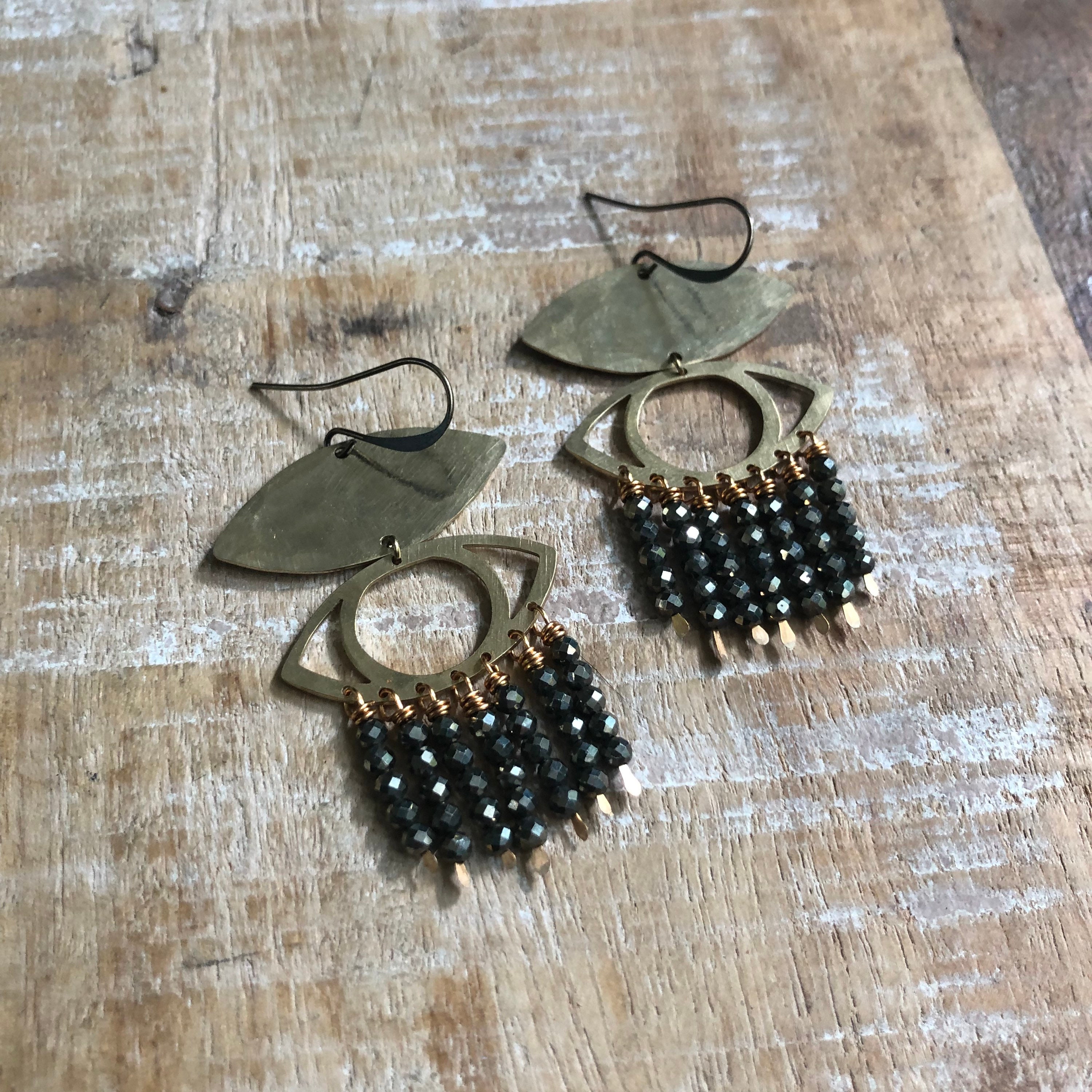 Hammered Brass Eye Earrings With Pyrite Fringe