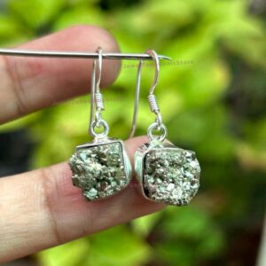 Handmade Pyrite Druzy Earrings: 925 Sterling Silver, Raw Golden Gemstone Handmade Pyrite Druzy Earrings: 925 Sterling Silver, Raw Golden Gemstone