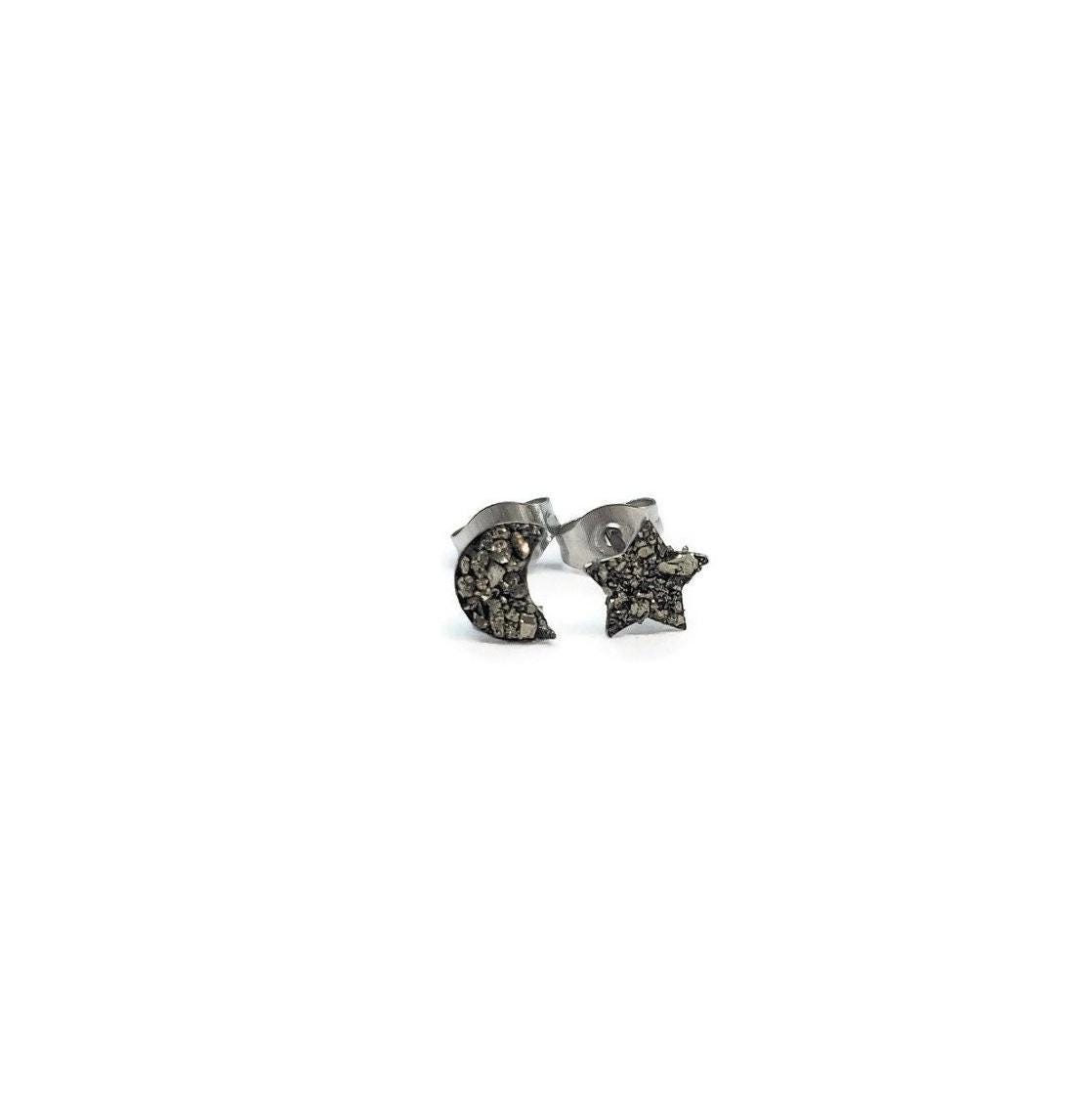 Moon & Star Pyrite Crushed Stone Hypoallergenic Stainless Steel Stud Earrings Fools Gold