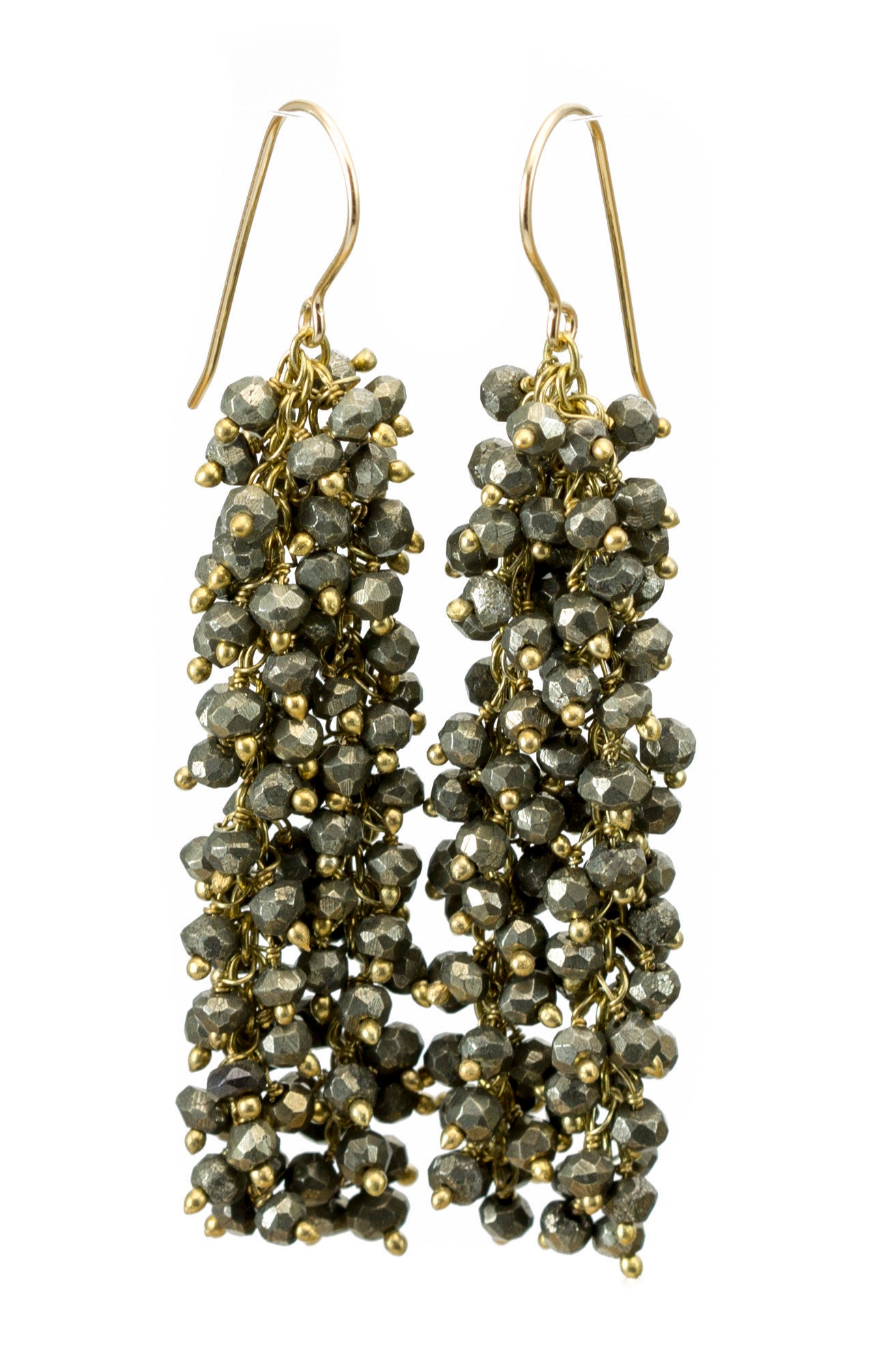 Natural Pyrite Earrings 14k Solid Gold Or Filled 2 Inches Long Natural Dense Cluster Stones Faceted Teardrops Simple Earthy Neutral