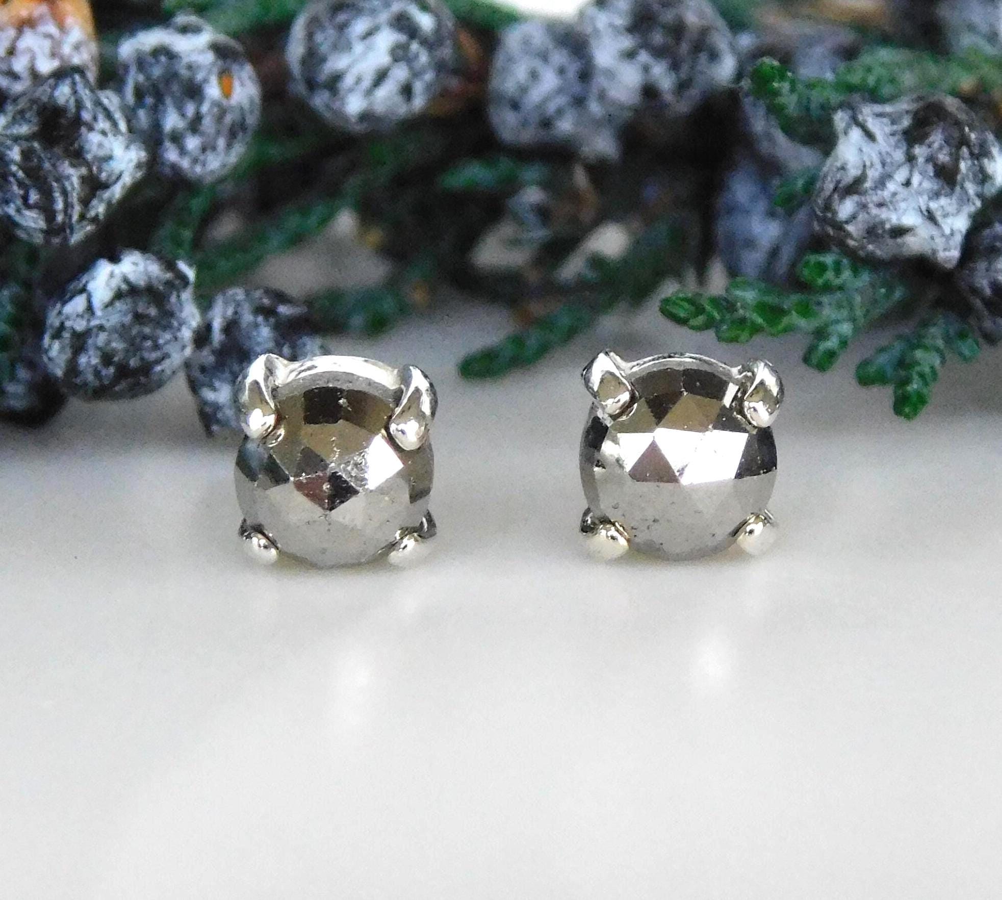 Natural Pyrite 5mm Stud Earrings: Rose Cut, Sterling Silver Natural Pyrite 5mm Stud Earrings: Rose Cut, Sterling Silver