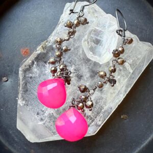 Neon pink chalcedony earrings, dangle earrings, pink stone earrings, pyrite earrings Neon pink chalcedony earrings, dangle earrings, pink stone earrings, pyrite earrings