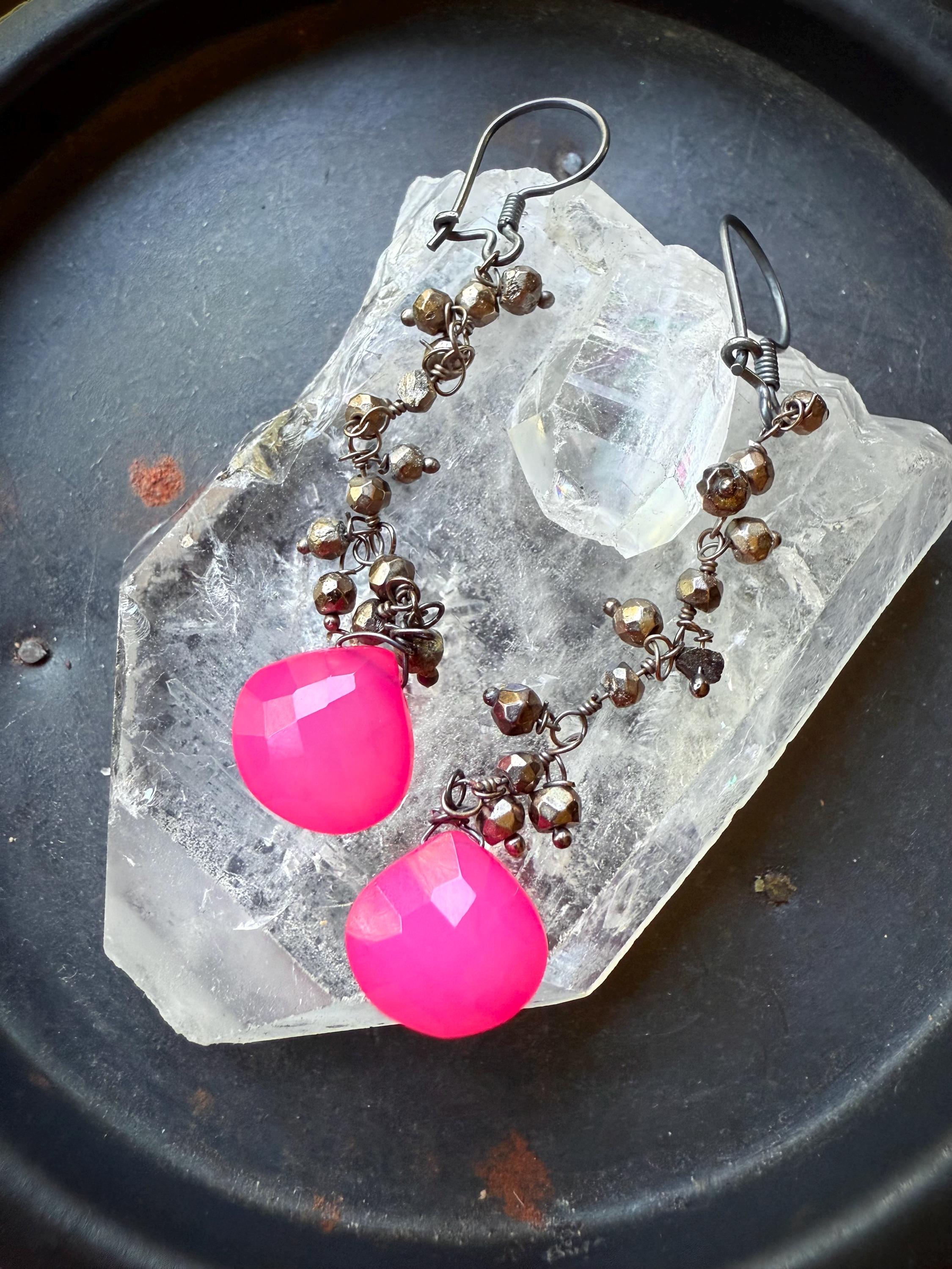 Neon Pink Chalcedony Earrings, Dangle Earrings, Pink Stone Earrings, Pyrite Earrings