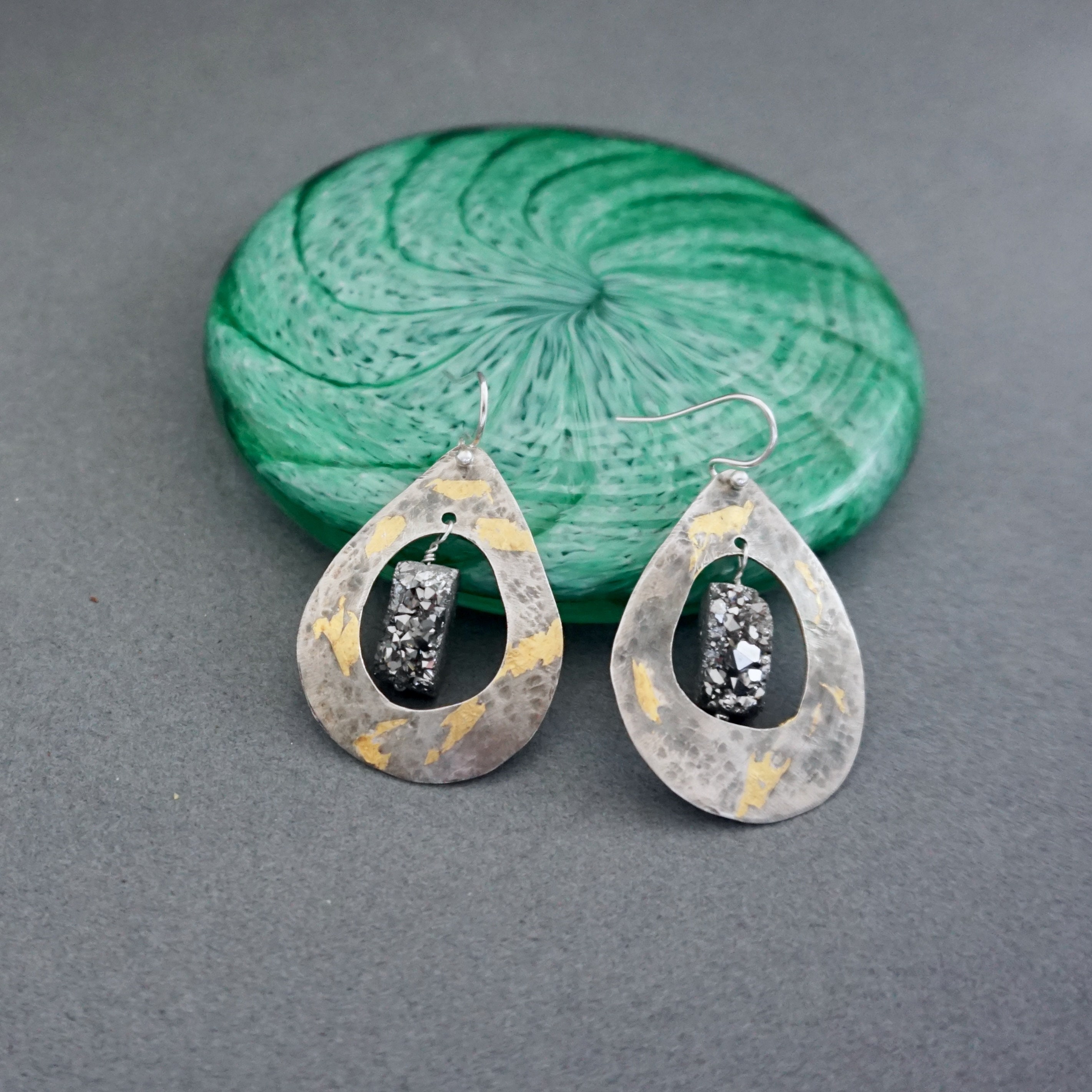 Oxidized Sterling Silver Tear Drop Earrings: Keum Boo Gold & Pyrite