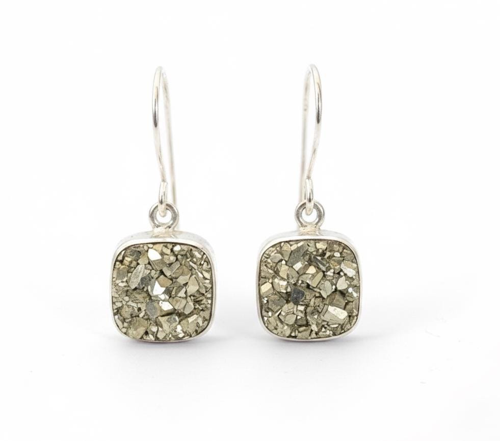 Raw Pyrite Dangle Earrings: 925 Sterling Silver, Boho Stone