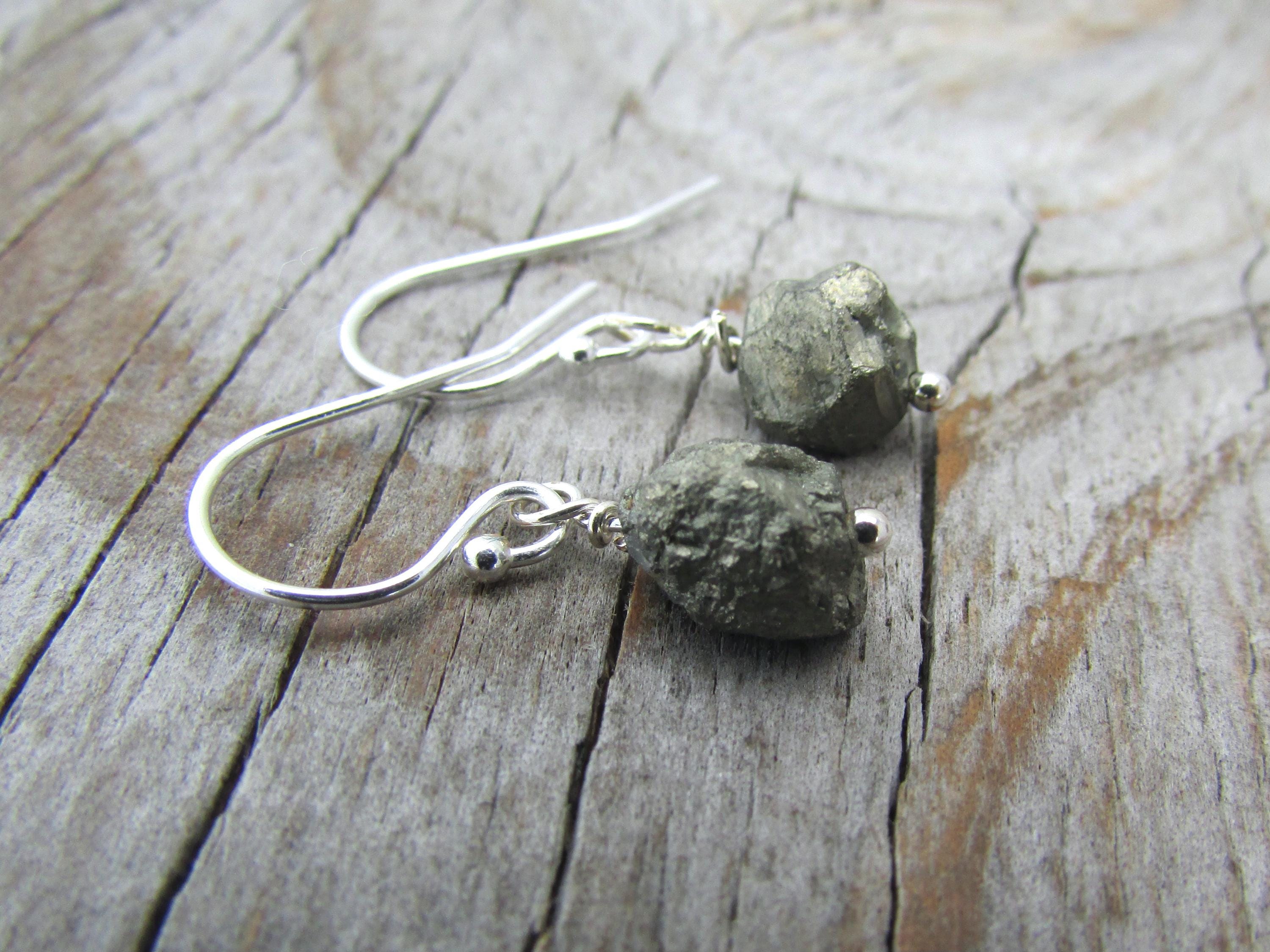 Raw Pyrite Earrings, Small, Hammered Gemstone Nuggets, Simple Earrings, Dangles