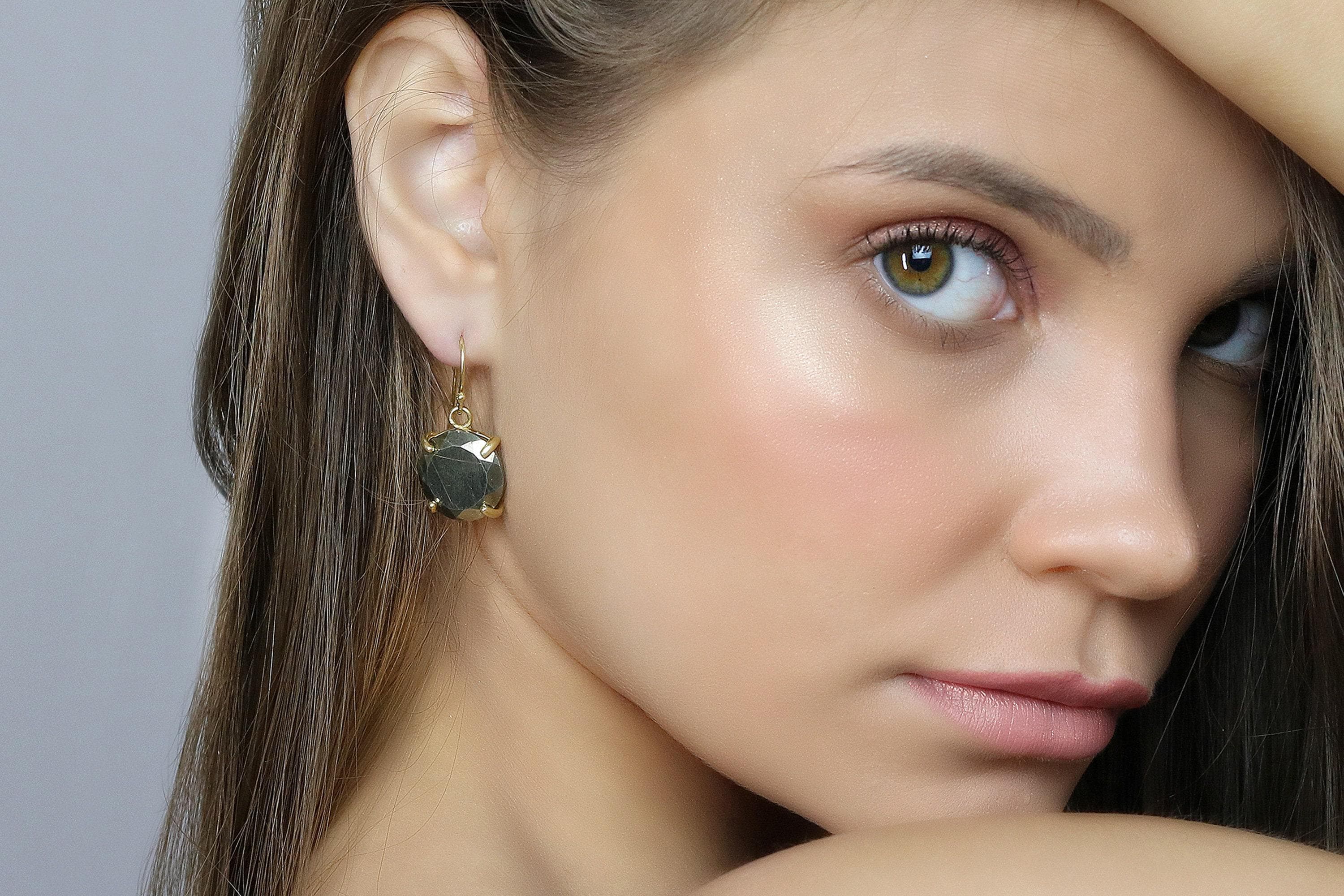 Raw Pyrite Statement Earrings · 14k Gold Round Dangle Gemstone Jewelry