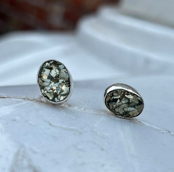 Raw Pyrite Stud Earrings: 925 Sterling Silver, Golden Stone