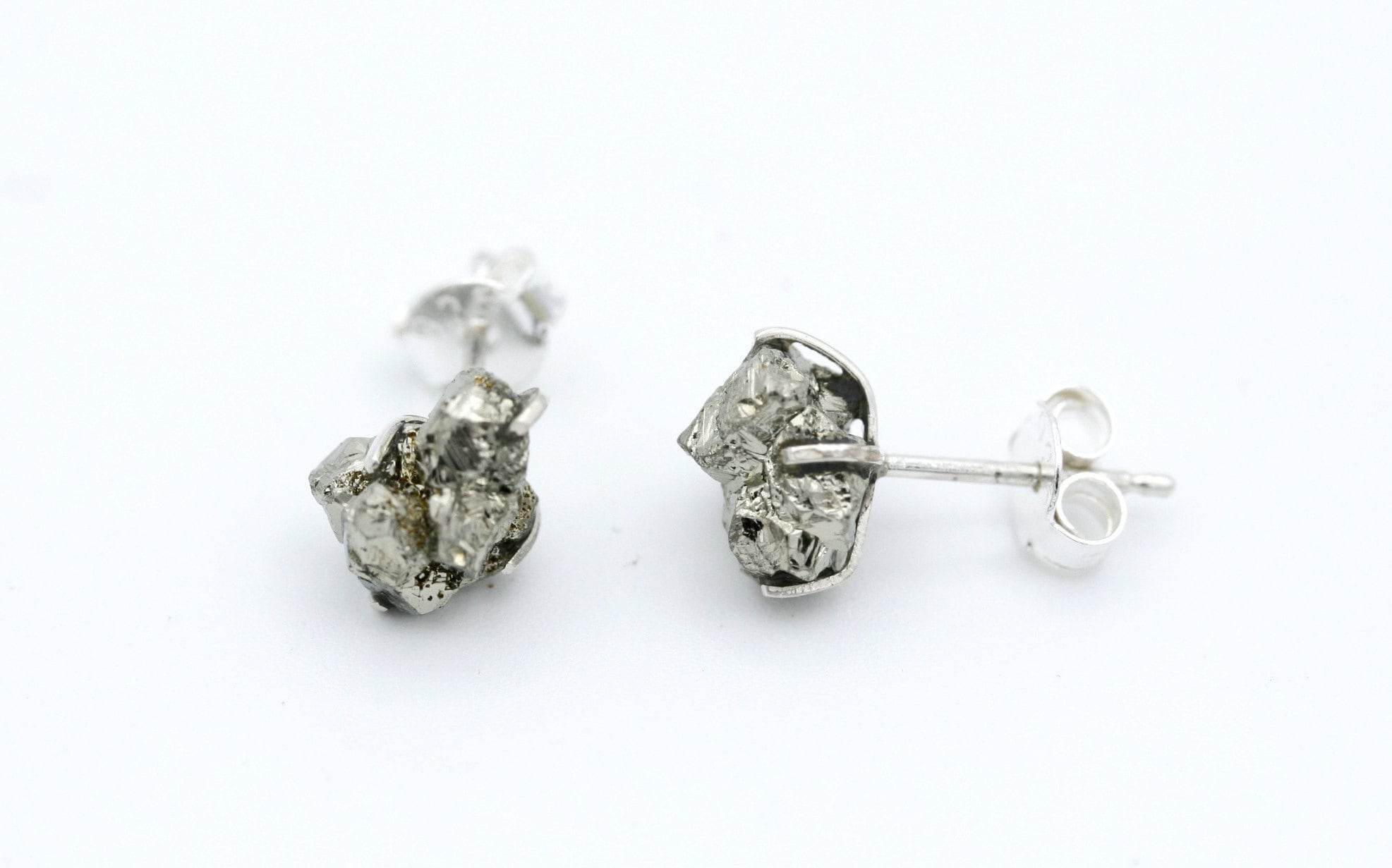 Raw Pyrite Stud Earrings, Sterling Silver Claw Settings, Fools Gold Earrings