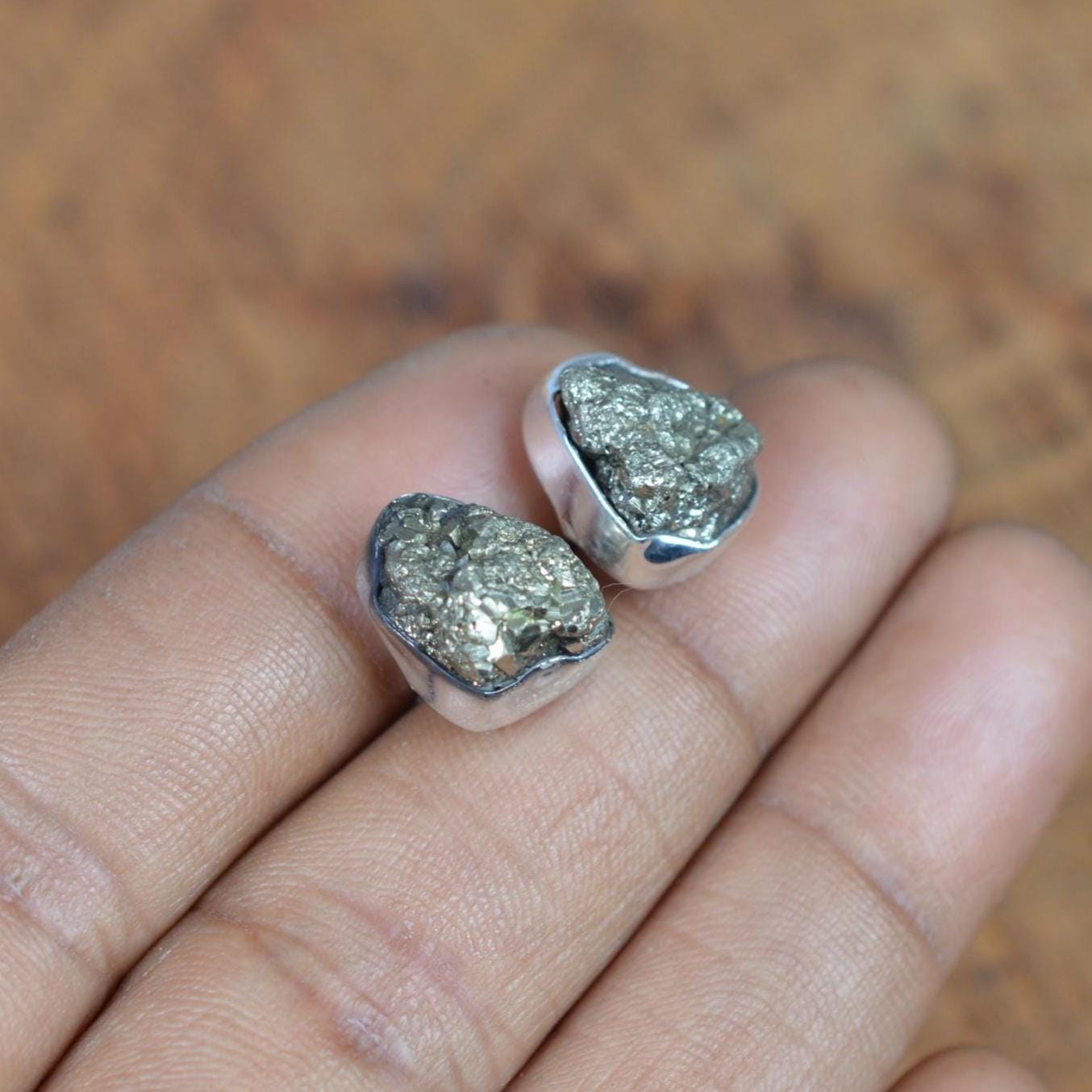 Rough Green Pyrite Sterling Silver Stud Earrings: Raw Crystal Jewelry