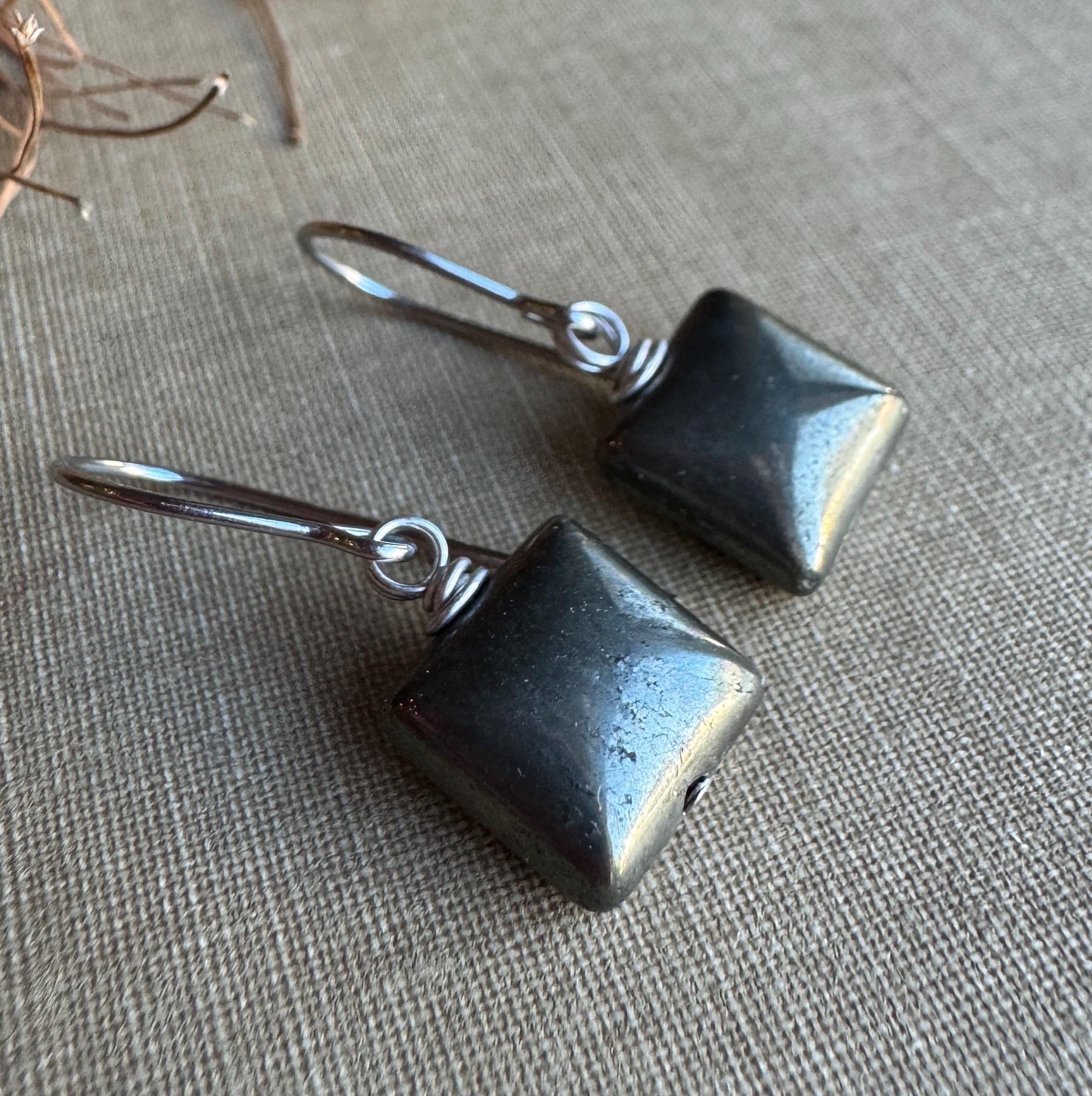 Pyrite Square Earrings, Small Metallic Cushion Bead Earrings With Stainless Steel