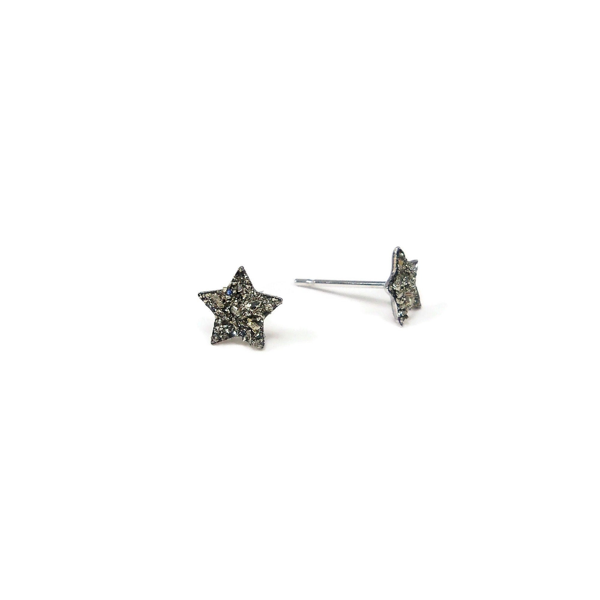 Pyrite Star Crushed Stone Hypoallergenic Stainless Steel Stud Earrings Fool's Gold