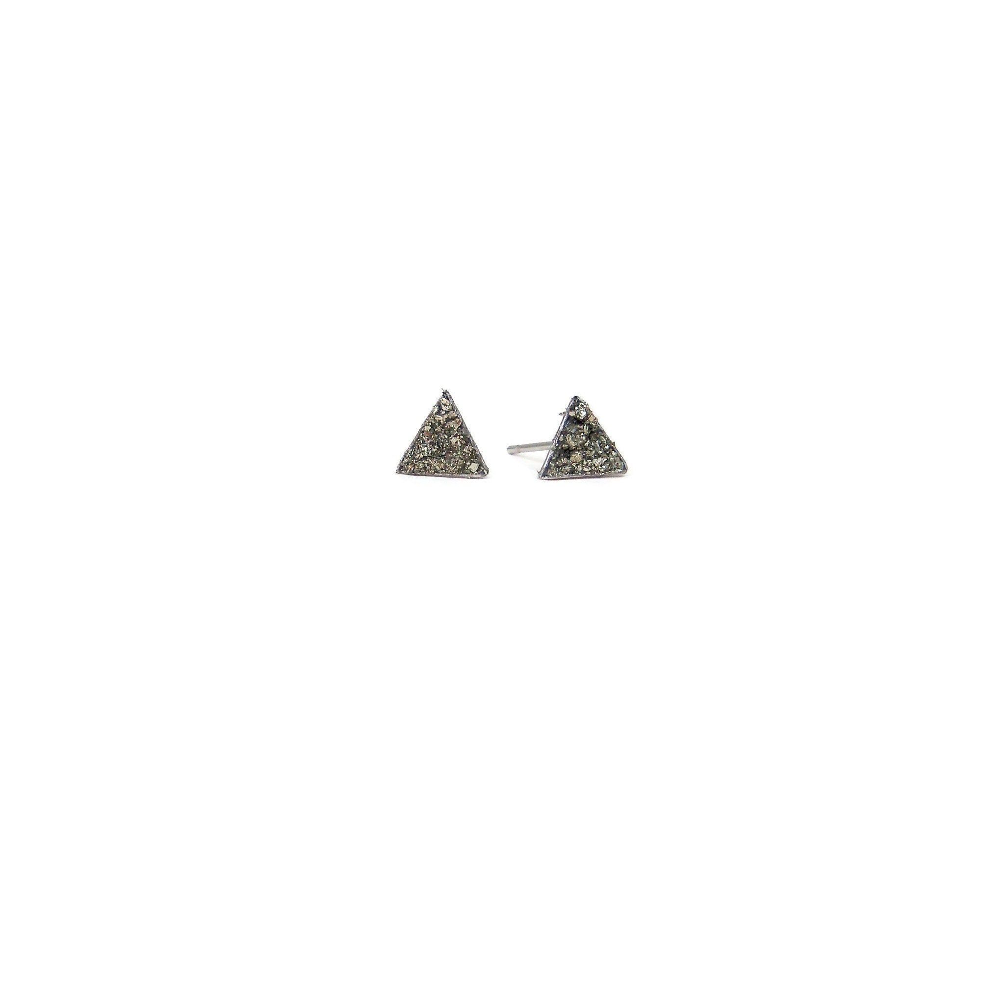 Triangle Crushed Pyrite Stone Hypoallergenic Stainless Steel Stud Earrings Fool's Gold Geometric Triangle Crushed Pyrite Stone Hypoallergenic Stainless Steel Stud Earrings Fool's Gold Geometric