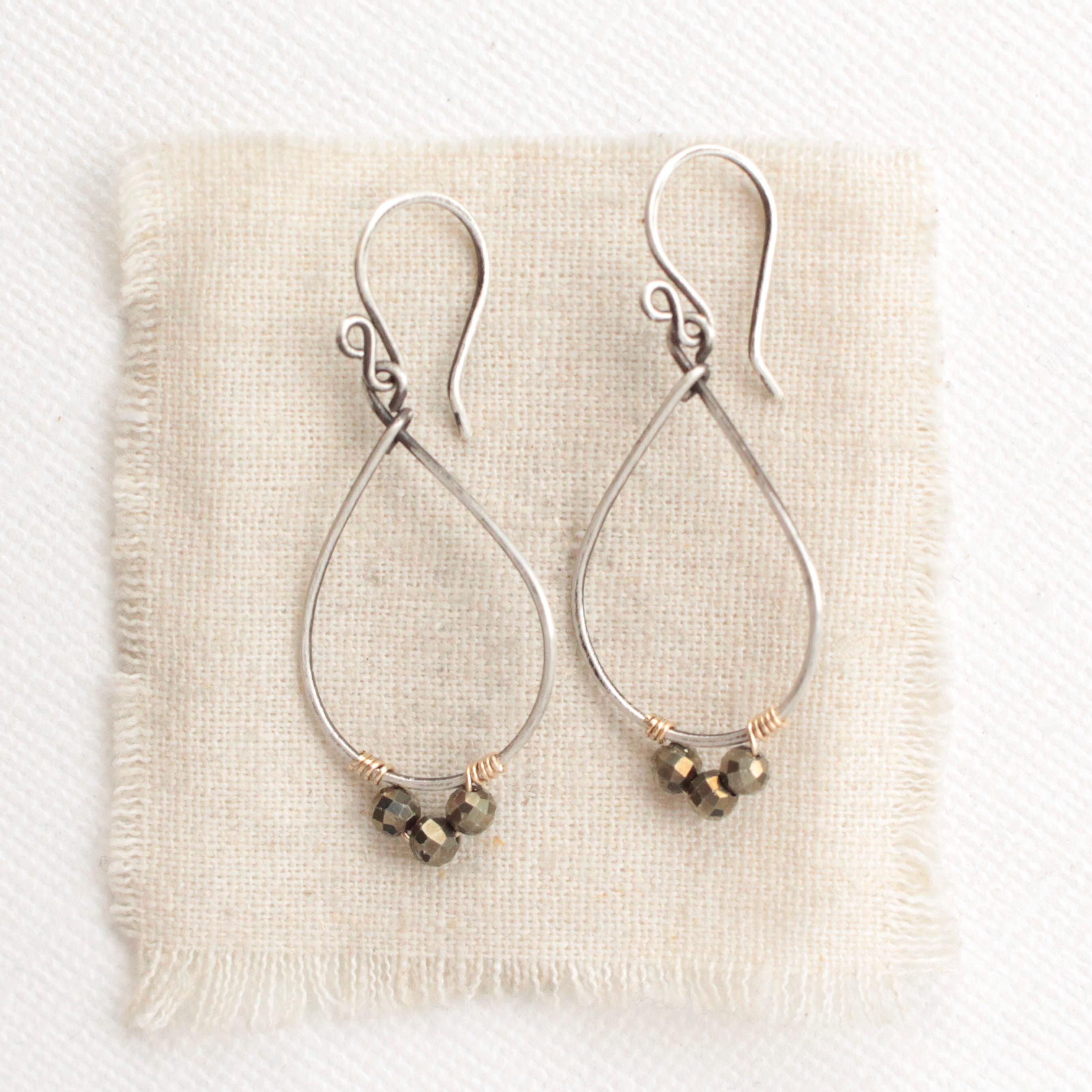 Pyrite Wrapped Teardrop Hoop Earrings, New Year's Eve Jewelry, Sparkle Stone