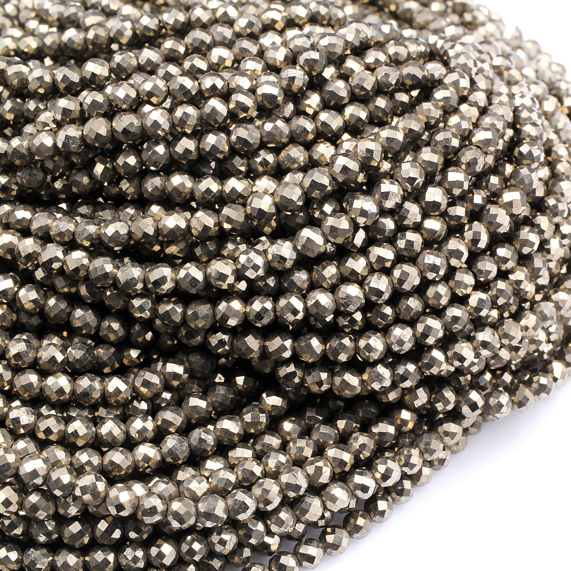 Micro Faceted Natural Iron Pyrite 2mm 3mm 4mm Round Beads Diamond Cut Gemstone 15.5" Strand