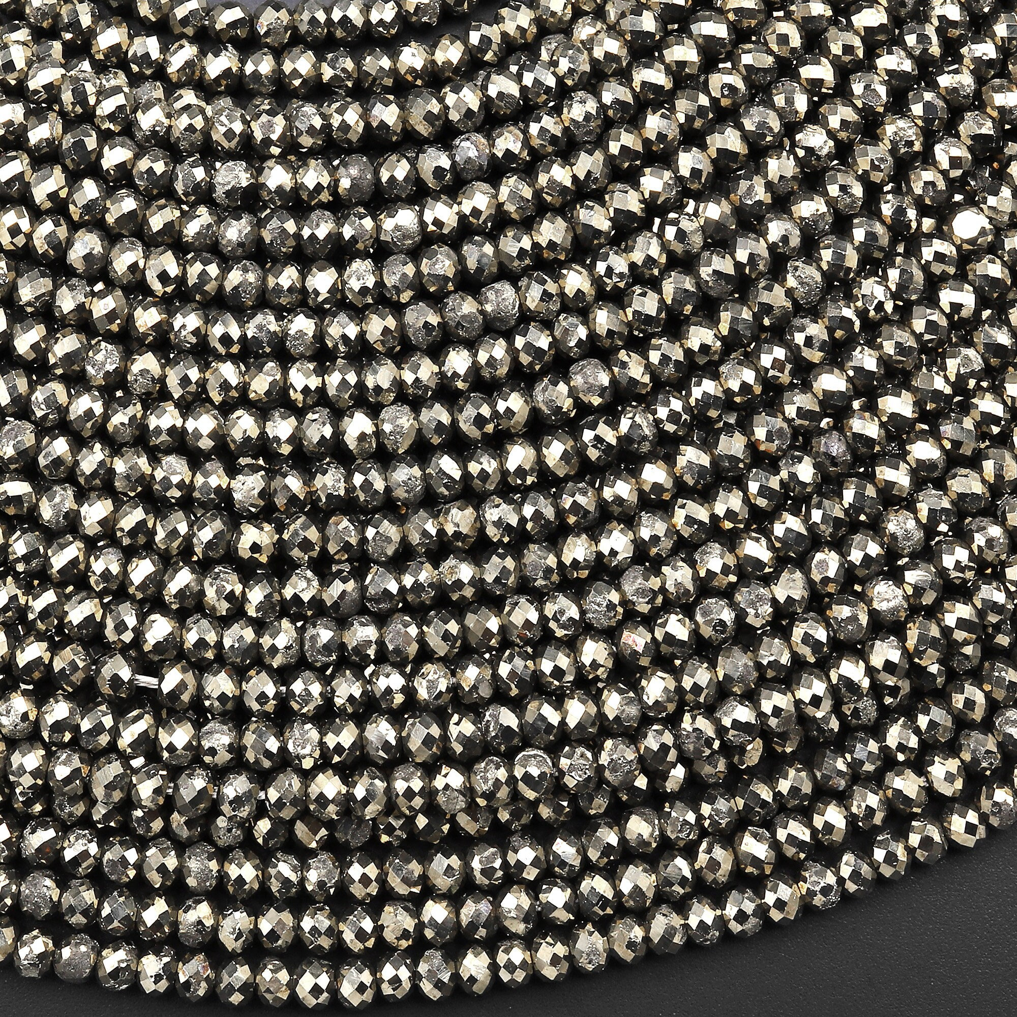 Faceted Small Natural Iron Pyrite Faceted 2mm 3mm Rondelle Beads Diamond Cut Gemstone 15.5" Strand