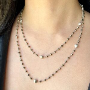 Pyrite and Silver Beaded Necklace, Metallic Long Necklace in Sterling Silver, Neutral Layering Bead Chain, Boho Double Up Necklace for Fall Pyrite and Silver Beaded Necklace, Metallic Long Necklace in Sterling Silver, Neutral Layering Bead Chain, Boho Double Up Necklace for Fall