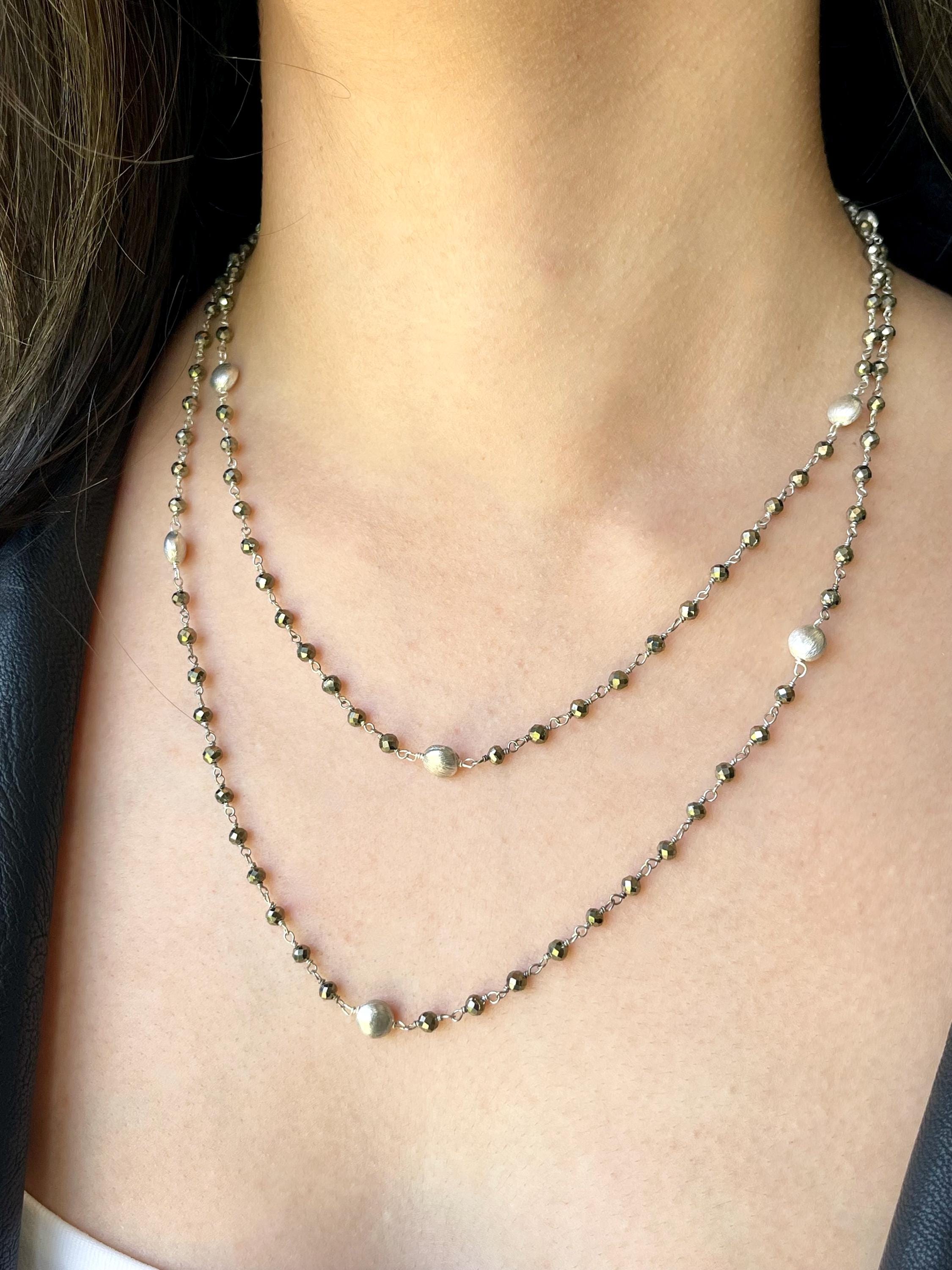 Pyrite And Silver Beaded Necklace, Metallic Long Necklace In Sterling Silver, Neutral Layering Bead Chain, Boho Double Up Necklace For Fall