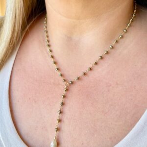 Pyrite and Silverite Necklace, Gold and White Beaded Lariat Necklace in Gold, Y Shape Necklace, Sparkly Elegant Summer Jewelry Gift for Mom Pyrite and Silverite Necklace, Gold and White Beaded Lariat Necklace in Gold, Y Shape Necklace, Sparkly Elegant Summer Jewelry Gift for Mom