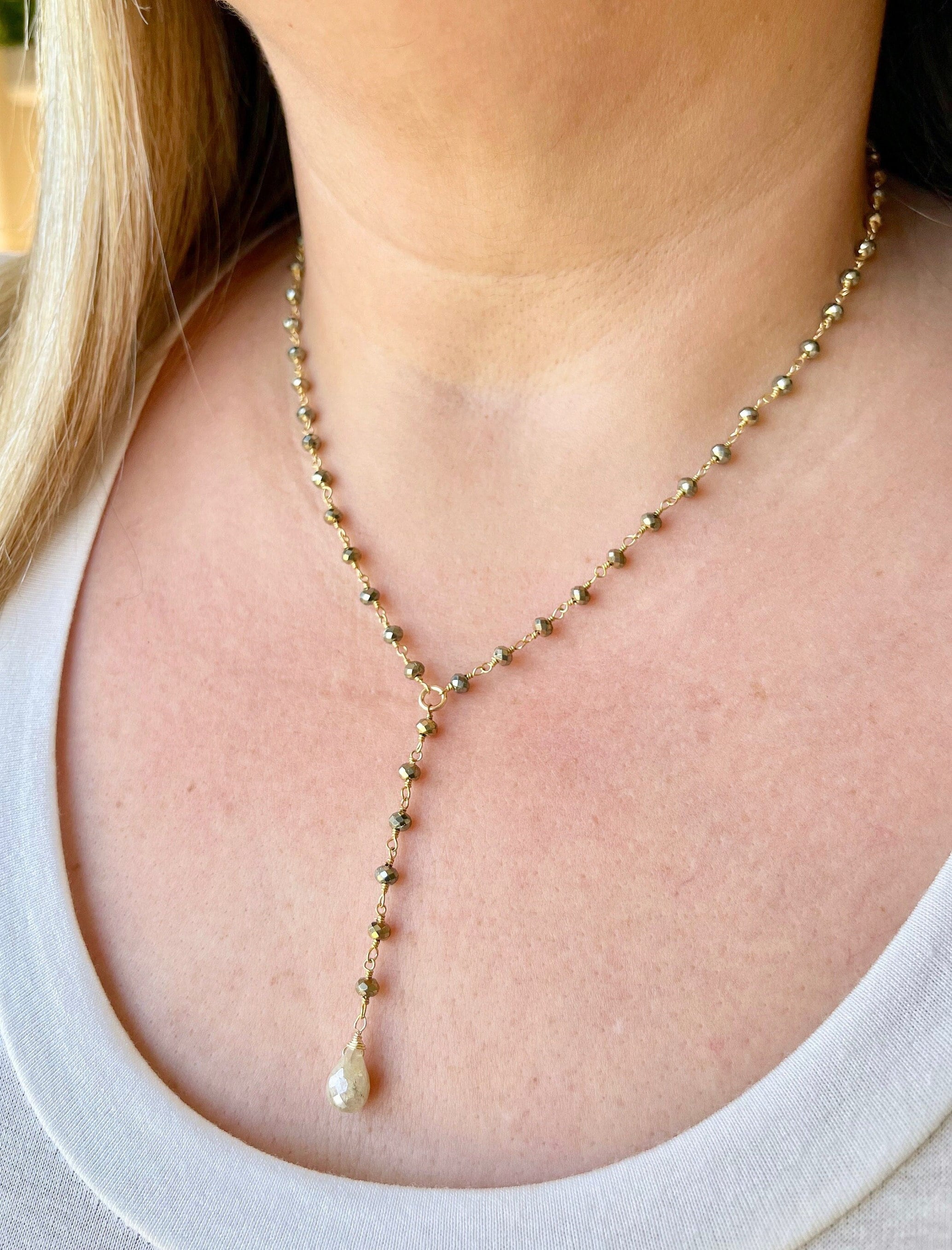 Pyrite And Silverite Necklace, Gold And White Beaded Lariat Necklace In Gold, Y Shape Necklace, Sparkly Elegant Summer Jewelry Gift For Mom