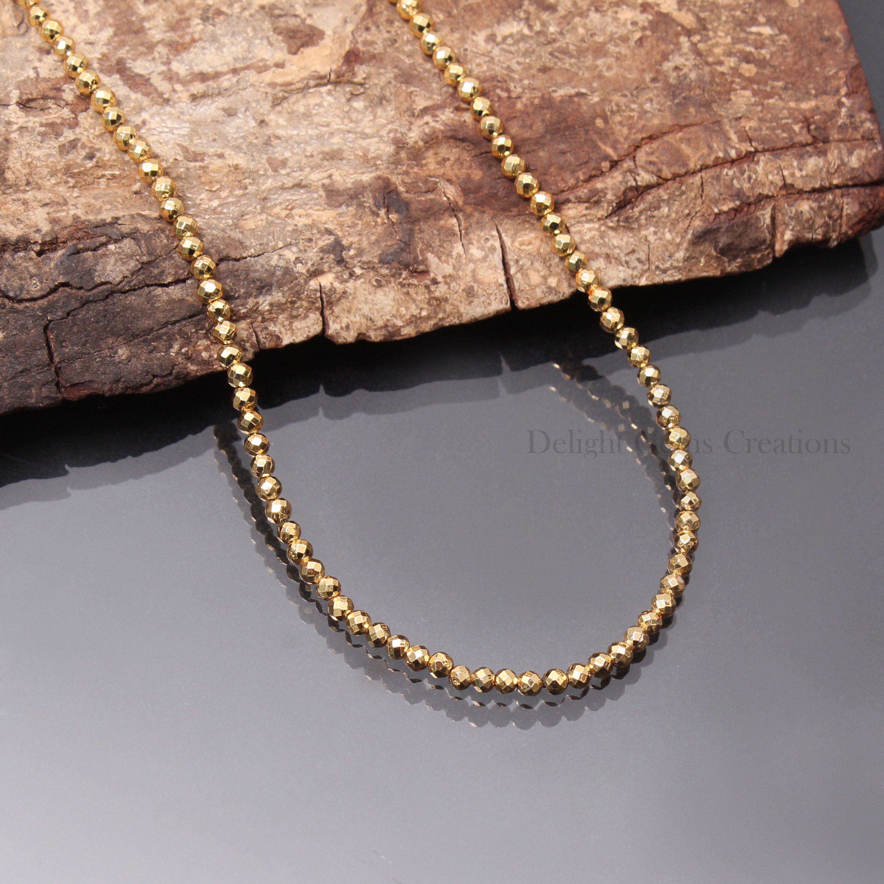 Pyrite Beaded Necklace, 2.5mm Faceted Round Beads, 18 Inch