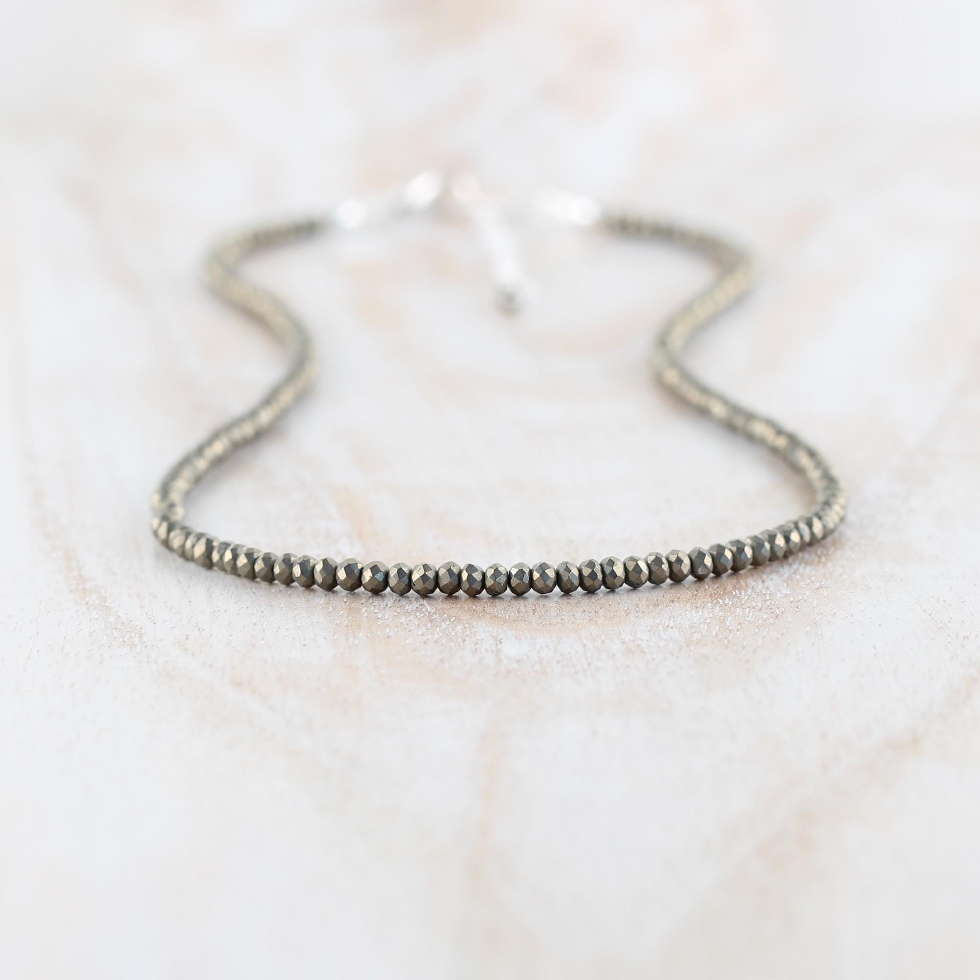 Pyrite Beaded Necklace In Sterling Silver, Gold Or Rose Gold Filled, Custom Length Dainty Gemstone Choker, Long Layering Necklace For Women