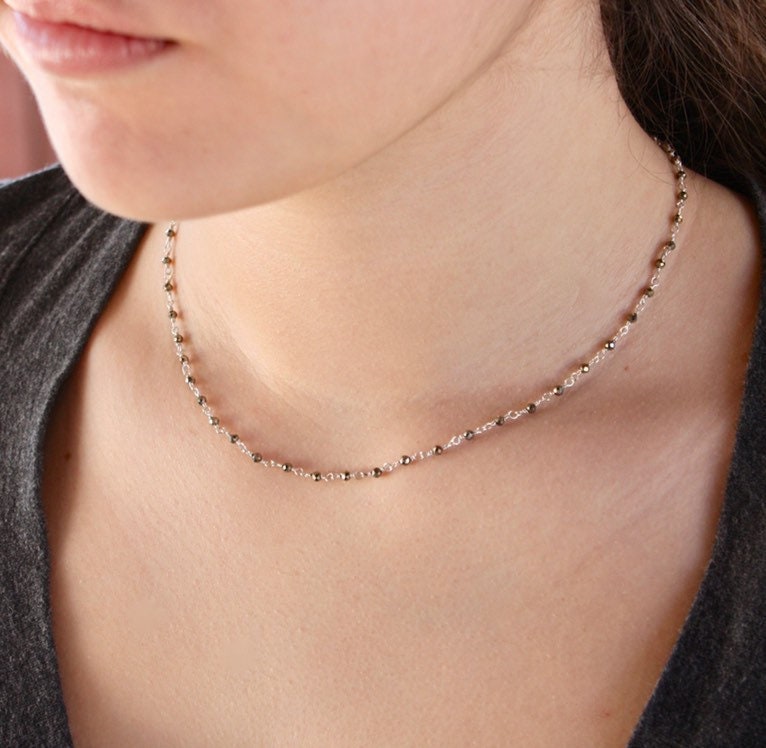 Pyrite Necklace, Pyrite Beaded Necklace, Short Silver Beaded Necklace, Boho Necklace, Minimalist Necklace, Rosary Style, Wire Wrapped Silver