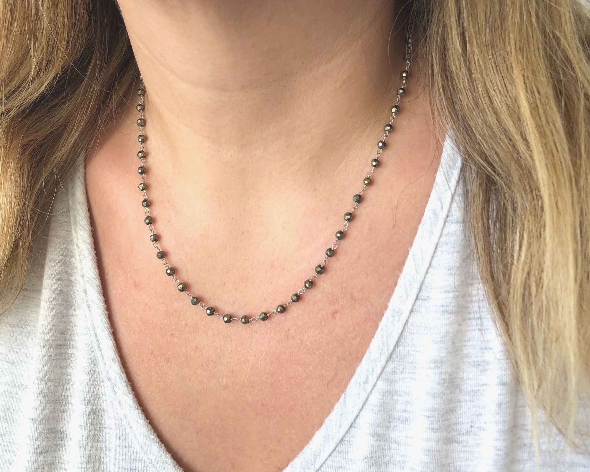 Pyrite Necklace, Pyrite Beaded Necklace, Short Silver Beaded Necklace, Boho Necklace, Minimalist Necklace, Rosary Style, Wire Wrapped Chain