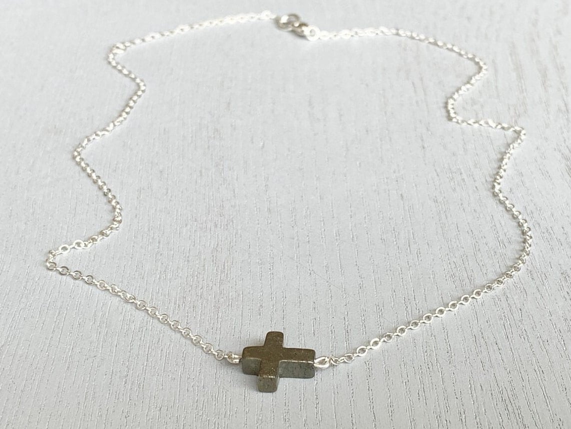 Crystal Cross Necklace Silver Or Gold Pyrite Choker, Confirmation Necklace Religious Gifts For Niece, Daughter, Granddaughter, Cross Jewelry