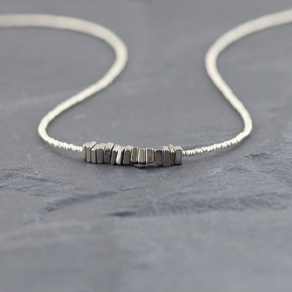 Pyrite, Czech Seed Bead & Sterling Silver Necklace, Delicate Heishi Square Gemstone Choker, Dainty Tiny Beaded Layering Jewelry For Women