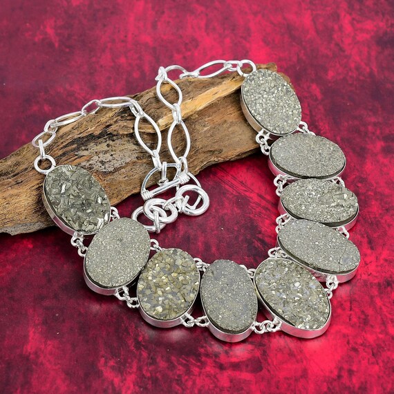 Dainty Pyrite Druzy 925 Sterling Silver Jewelry Gemstone Handmade Jewelry Pyrite Druzy Jewelry Adjustable Chain Necklace Birthday Gifts